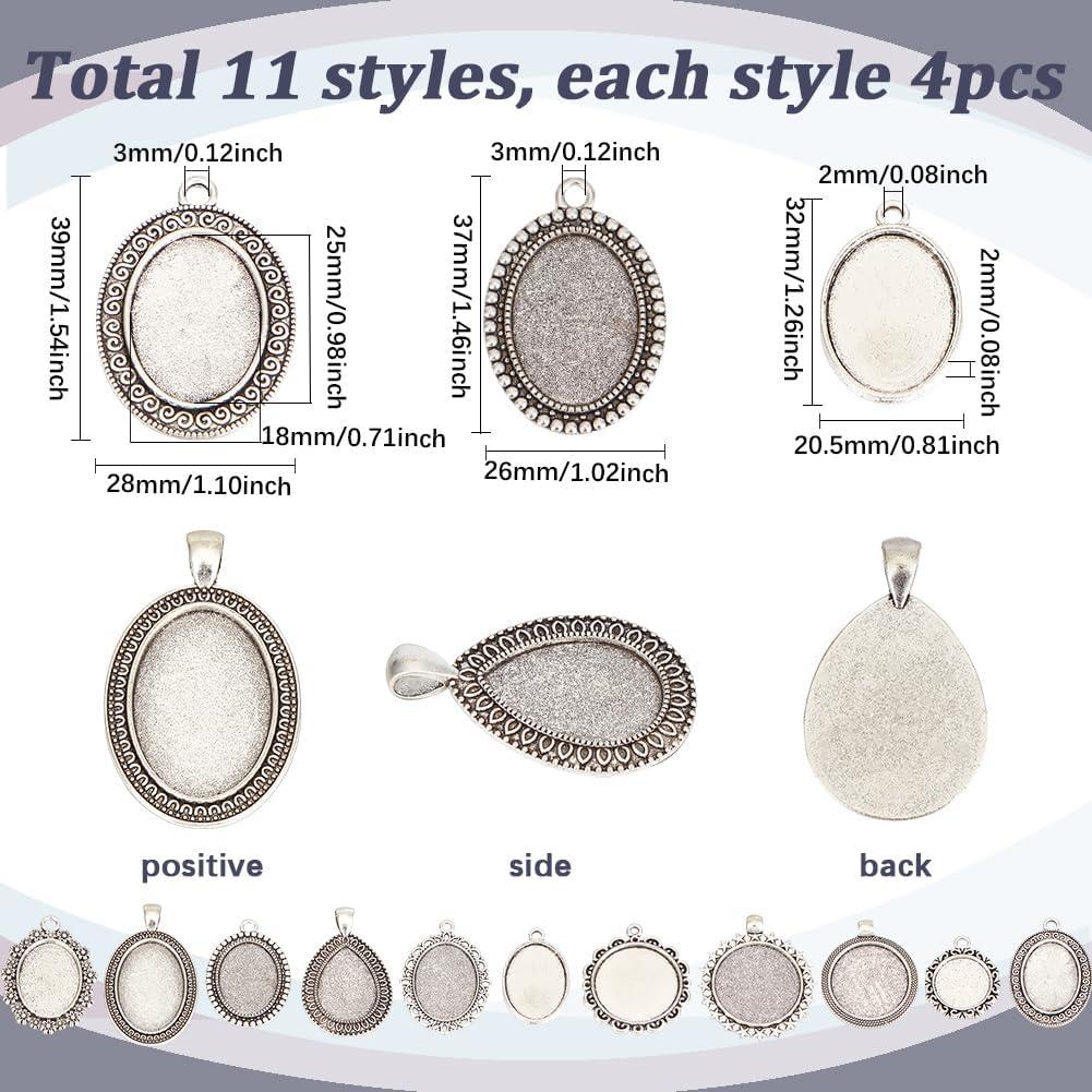 Kit de 44 Piezas de Pendientes Cabochón SUNNYCLUE - 11 Estilos de Bezel Plata para Joyería DIY