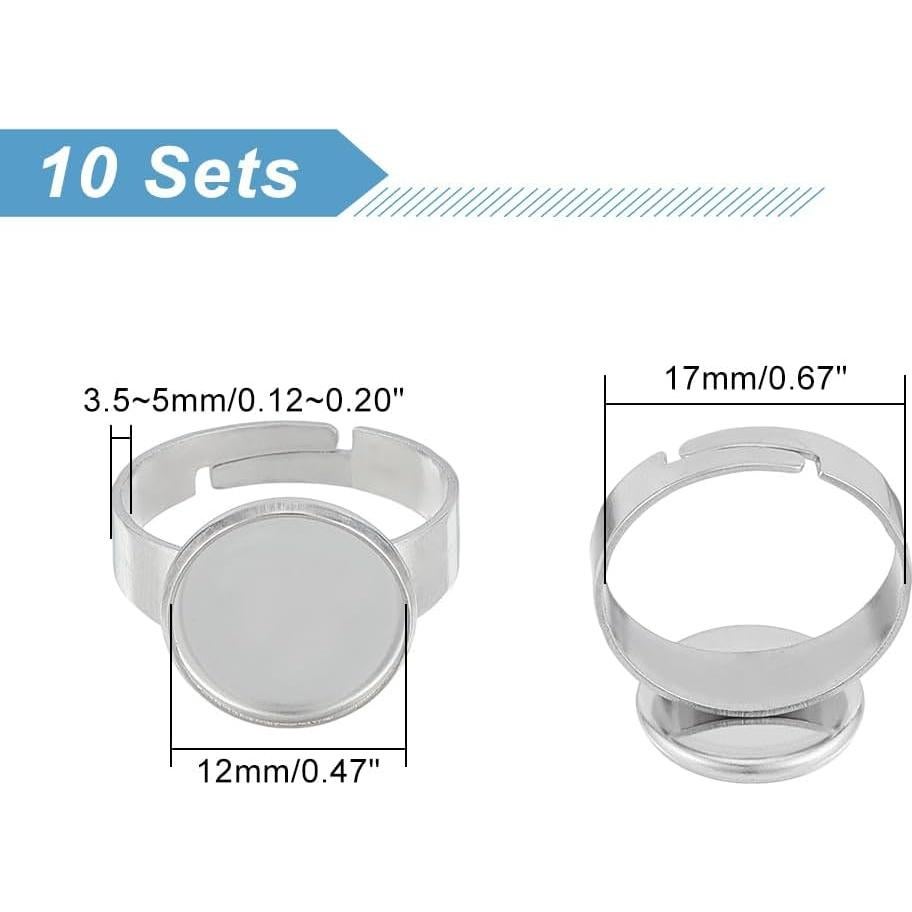 50 Bases de Anillo Ajustables UNICRAFTALE Acero Inoxidable 12mm