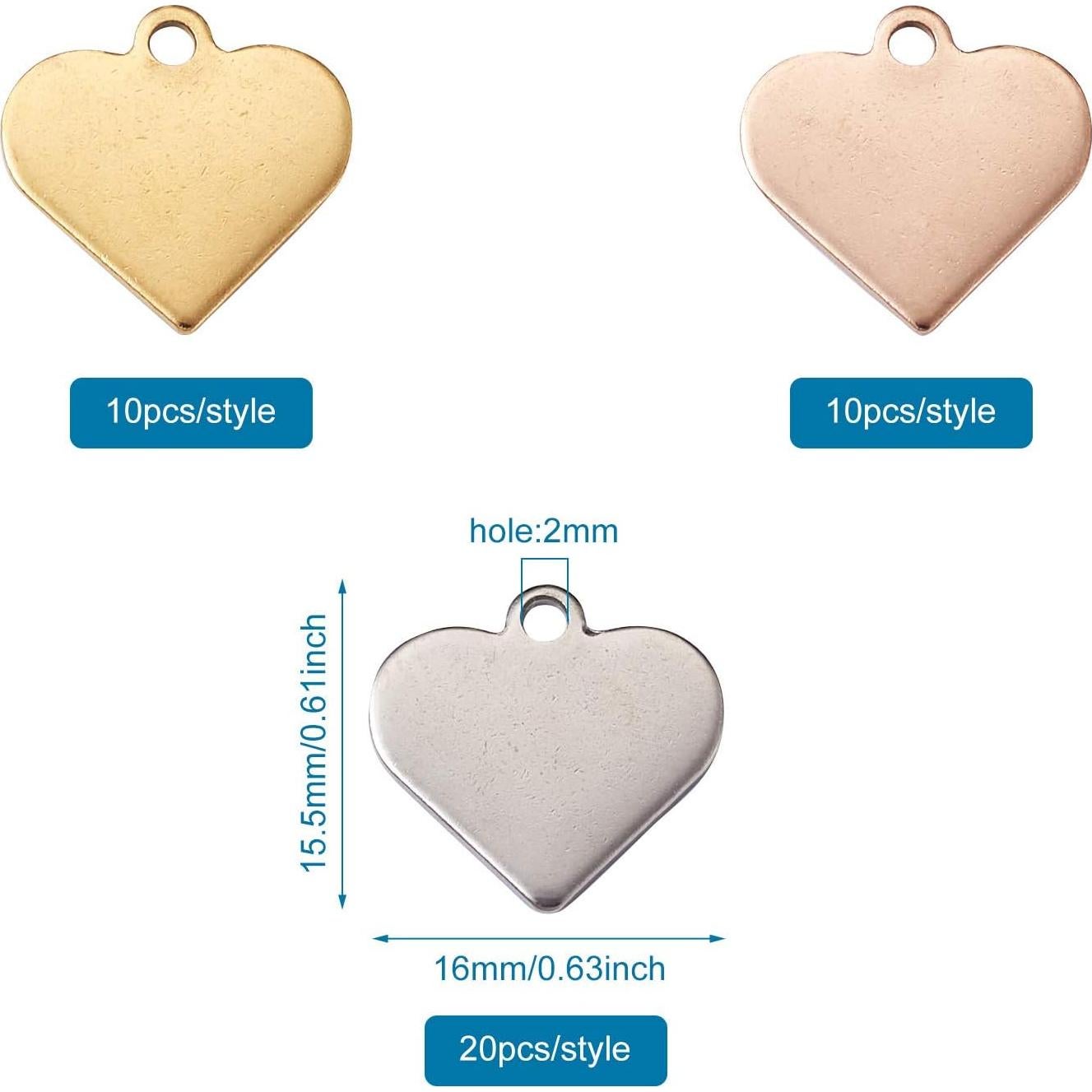 40 Encantos de Corazón Beadthoven Acero Inoxidable DIY 15.5mm