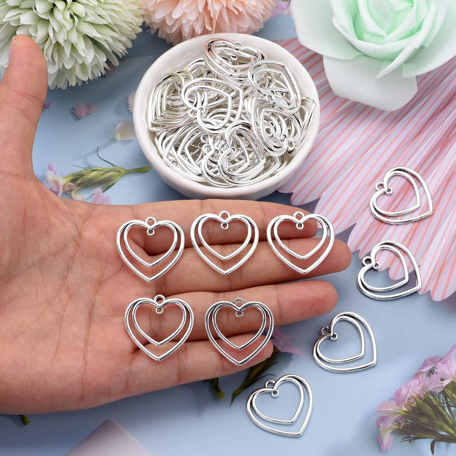 50 Piezas Colgantes Doble Corazón YionZian 25mm Plata Antigua