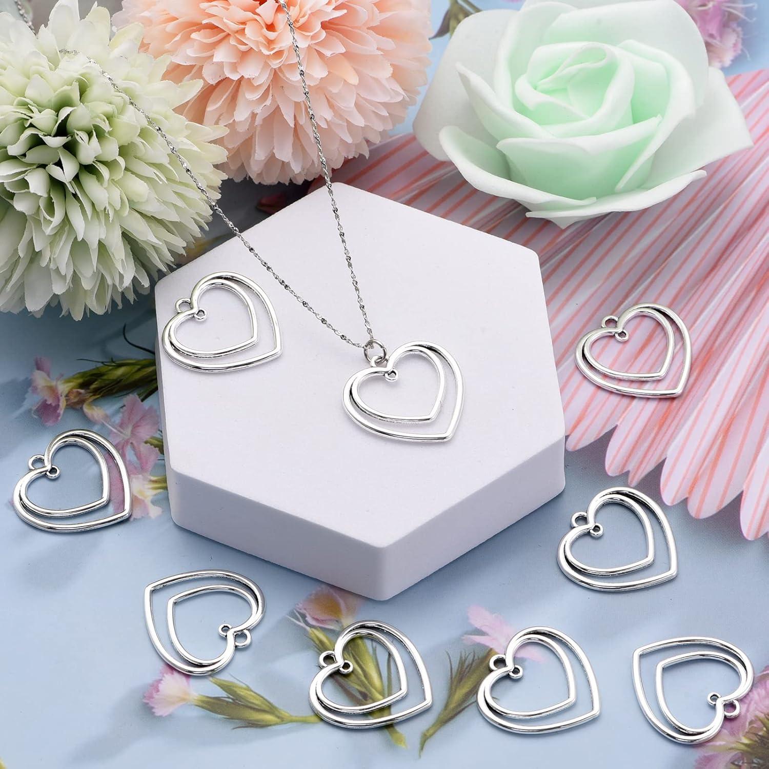 50 Piezas Colgantes Doble Corazón YionZian 25mm Plata Antigua