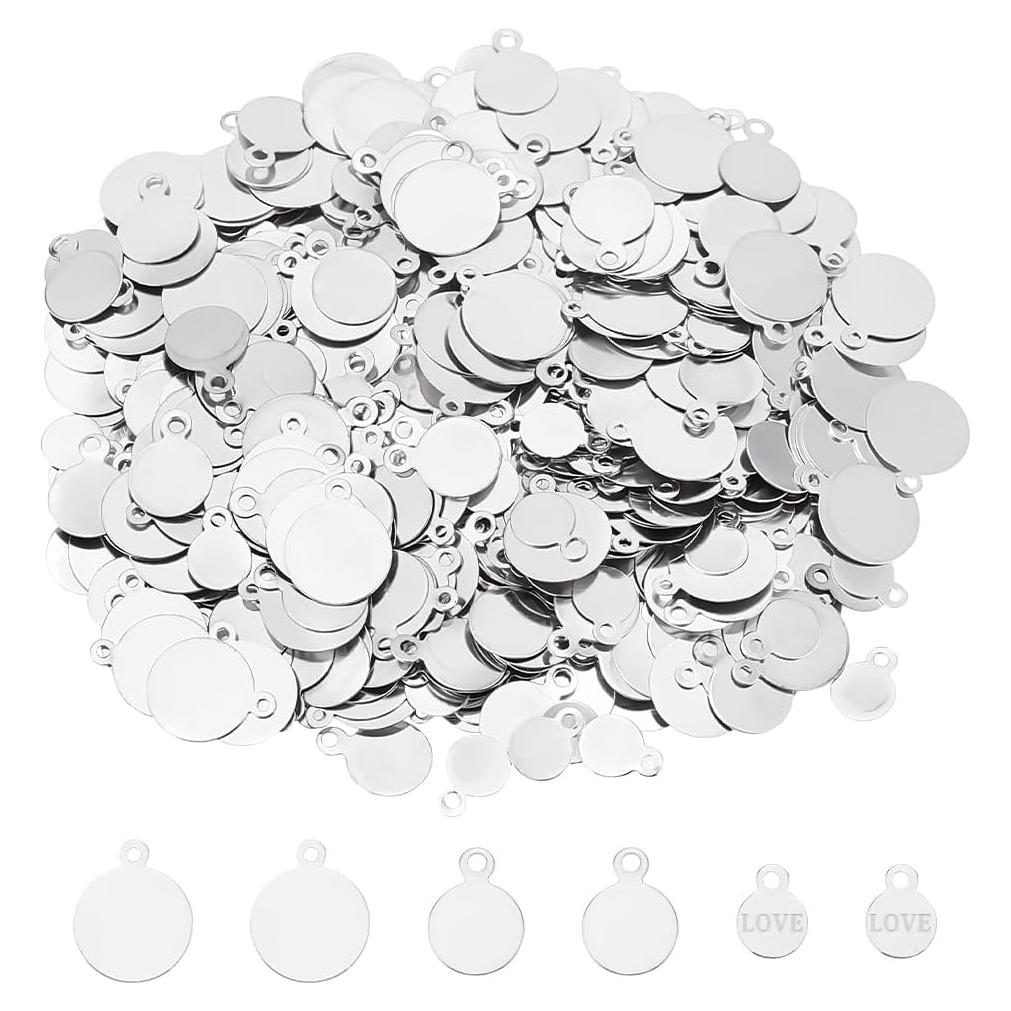 PH PandaHall 600pcs 3 Sizes Flat Round Charms, 6/8/10mm Blank Stamping Tag Pendants, Iron, Platinum