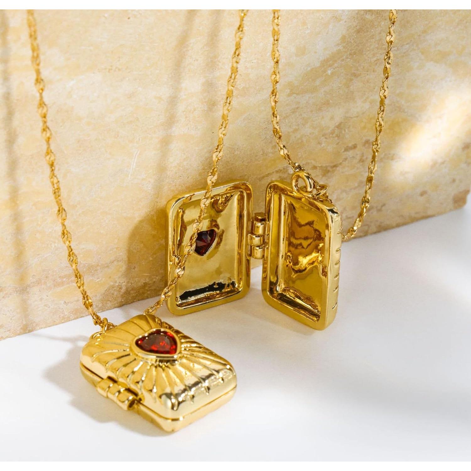 Collar Medallón Corazón Rojo Oro 14k 50 cm para Mujeres