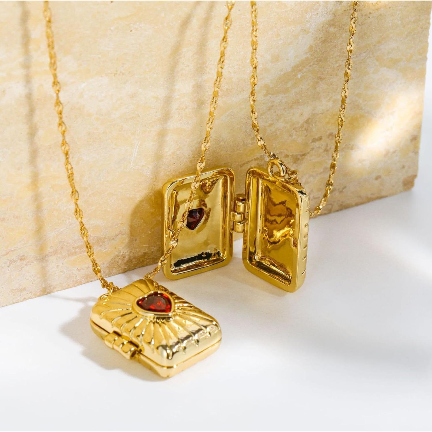 Collar Medallón Corazón Rojo Oro 14k 50 cm para Mujeres