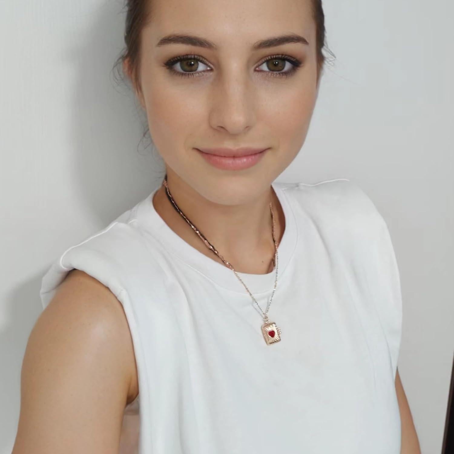 Collar Medallón Corazón Rojo Oro 14k 50 cm para Mujeres