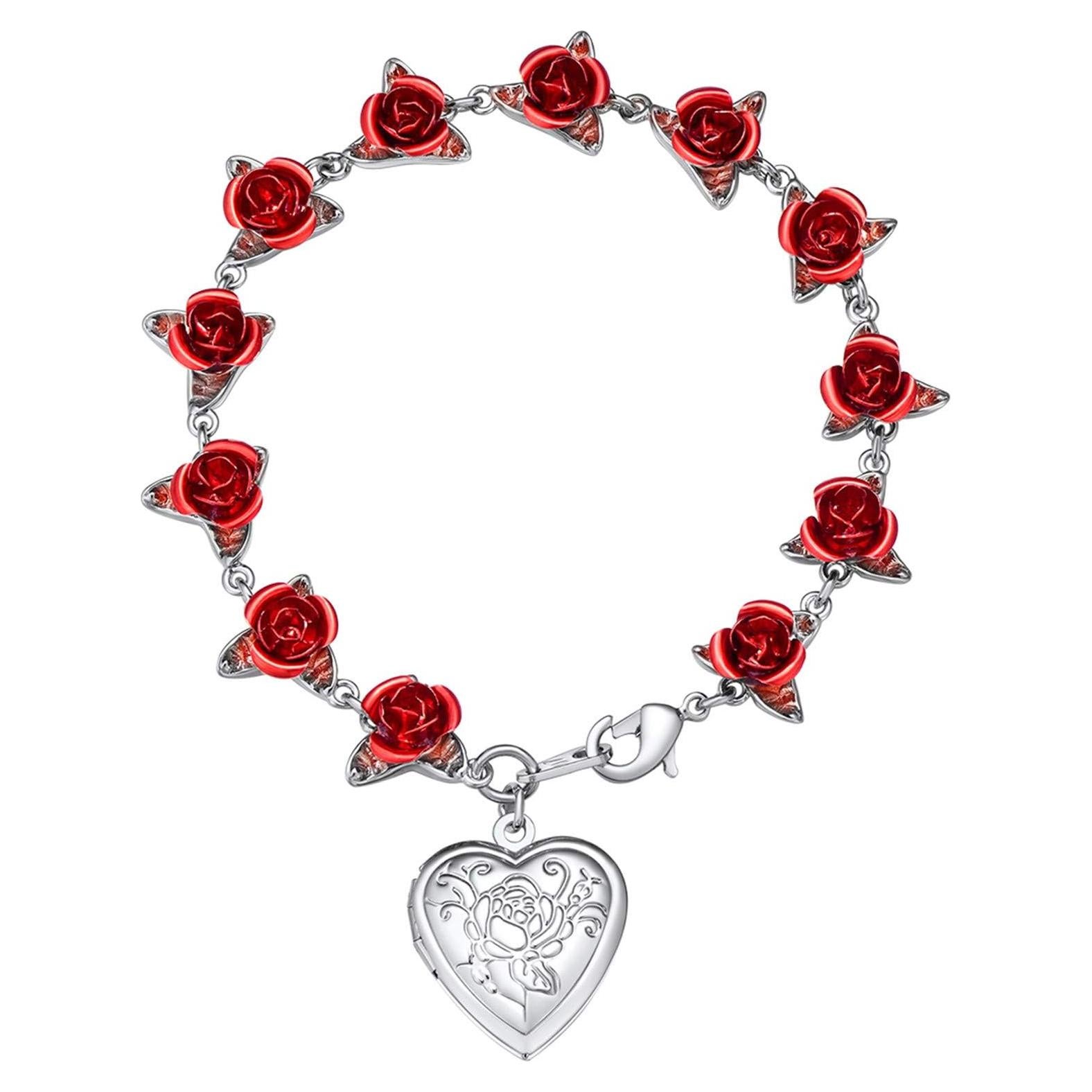 Pulsera de Enlace Rosa Roja U7 con Locket para Mujeres 19cm