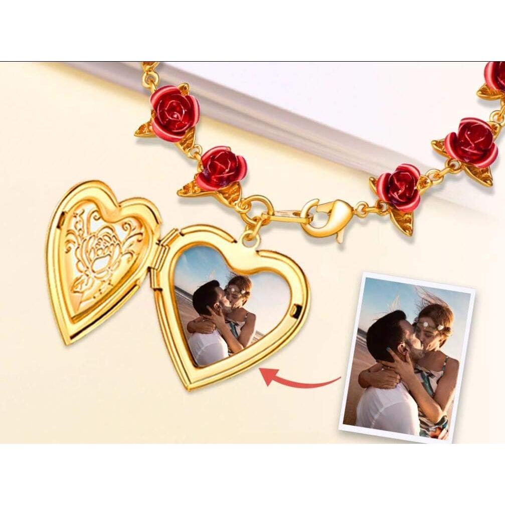 Pulsera de Enlace Rosa Roja U7 con Locket para Mujeres 19cm