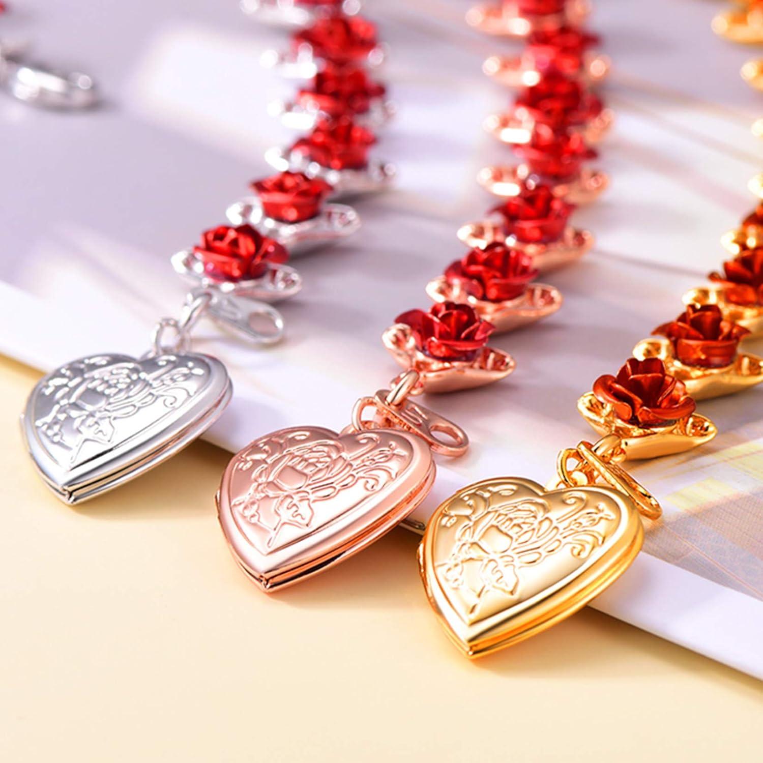 Pulsera de Enlace Rosa Roja U7 con Locket para Mujeres 19cm