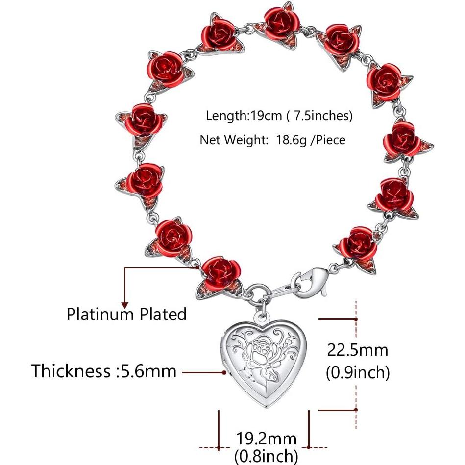Pulsera de Enlace Rosa Roja U7 con Locket para Mujeres 19cm