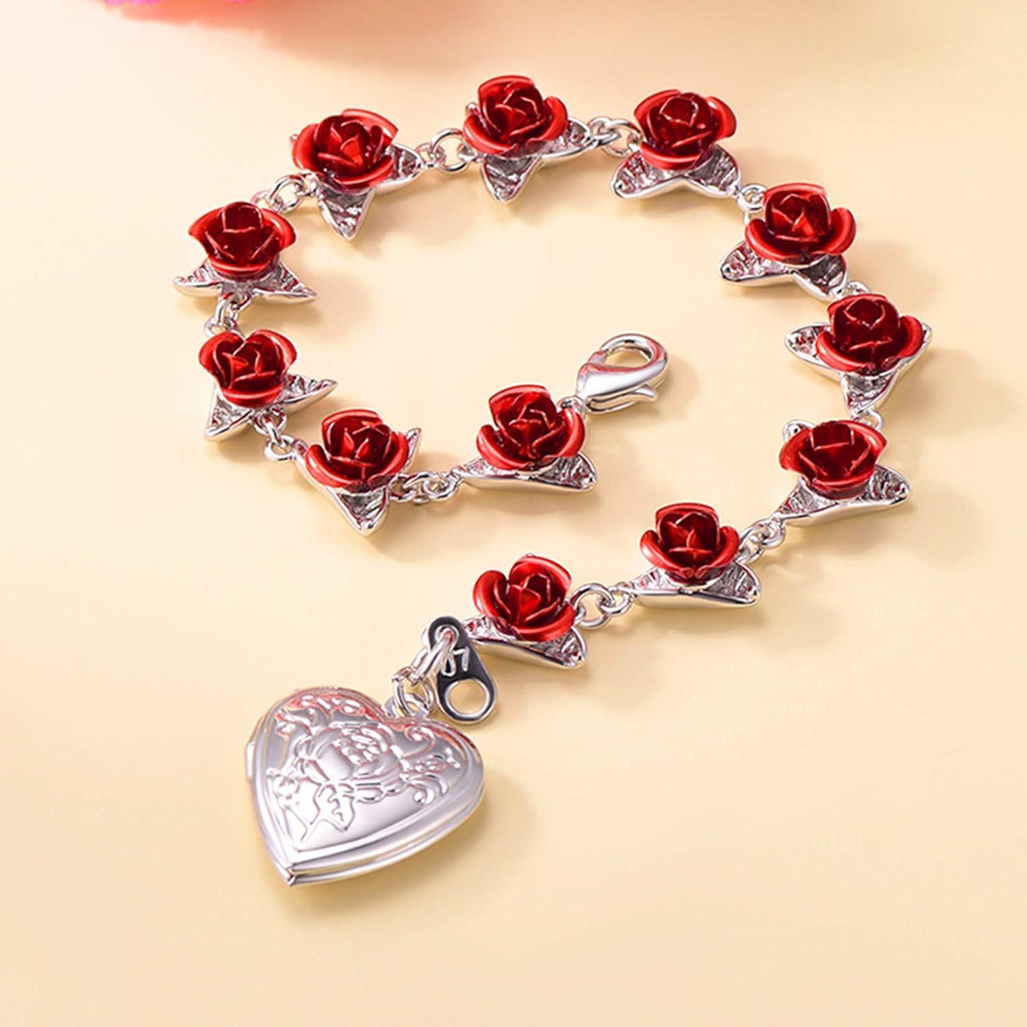 Pulsera de Enlace Rosa Roja U7 con Locket para Mujeres 19cm