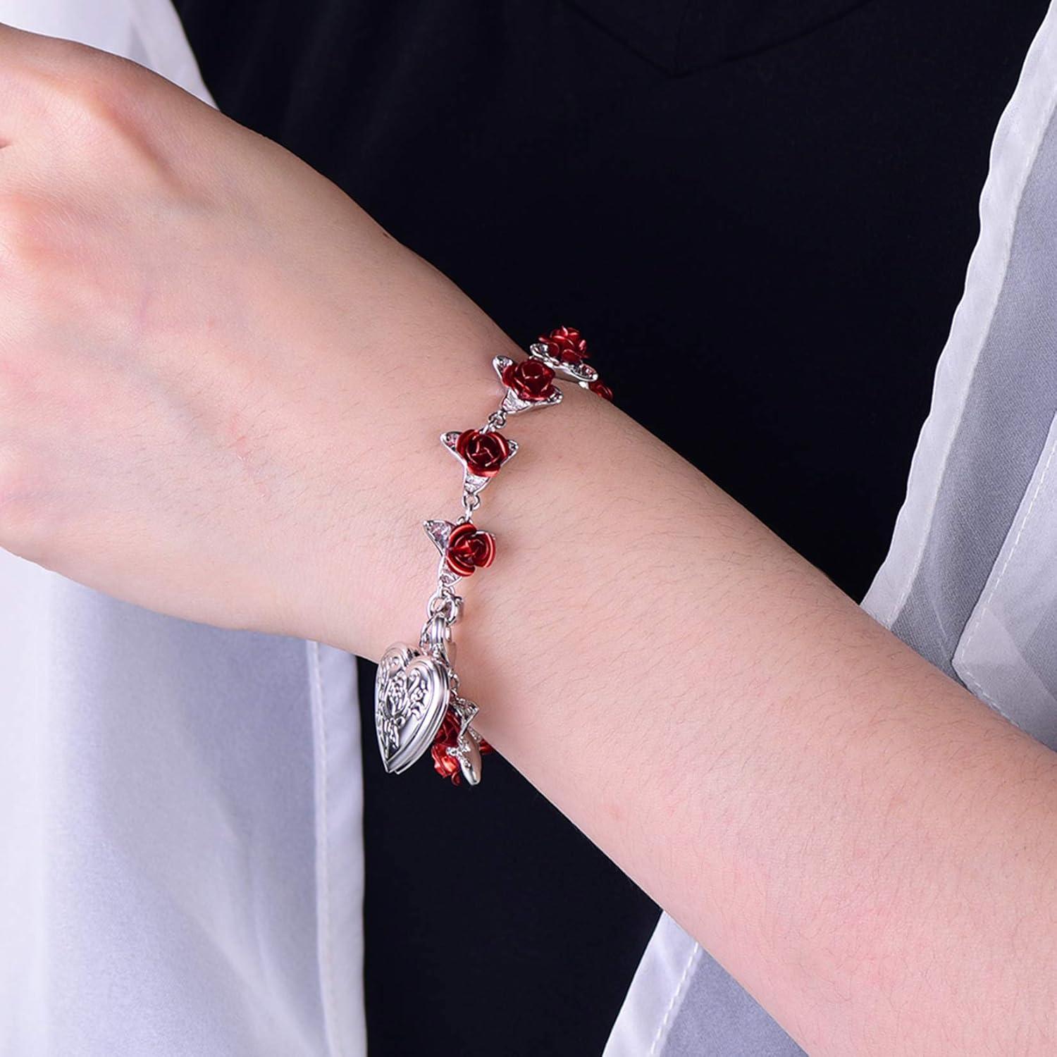 Pulsera de Enlace Rosa Roja U7 con Locket para Mujeres 19cm