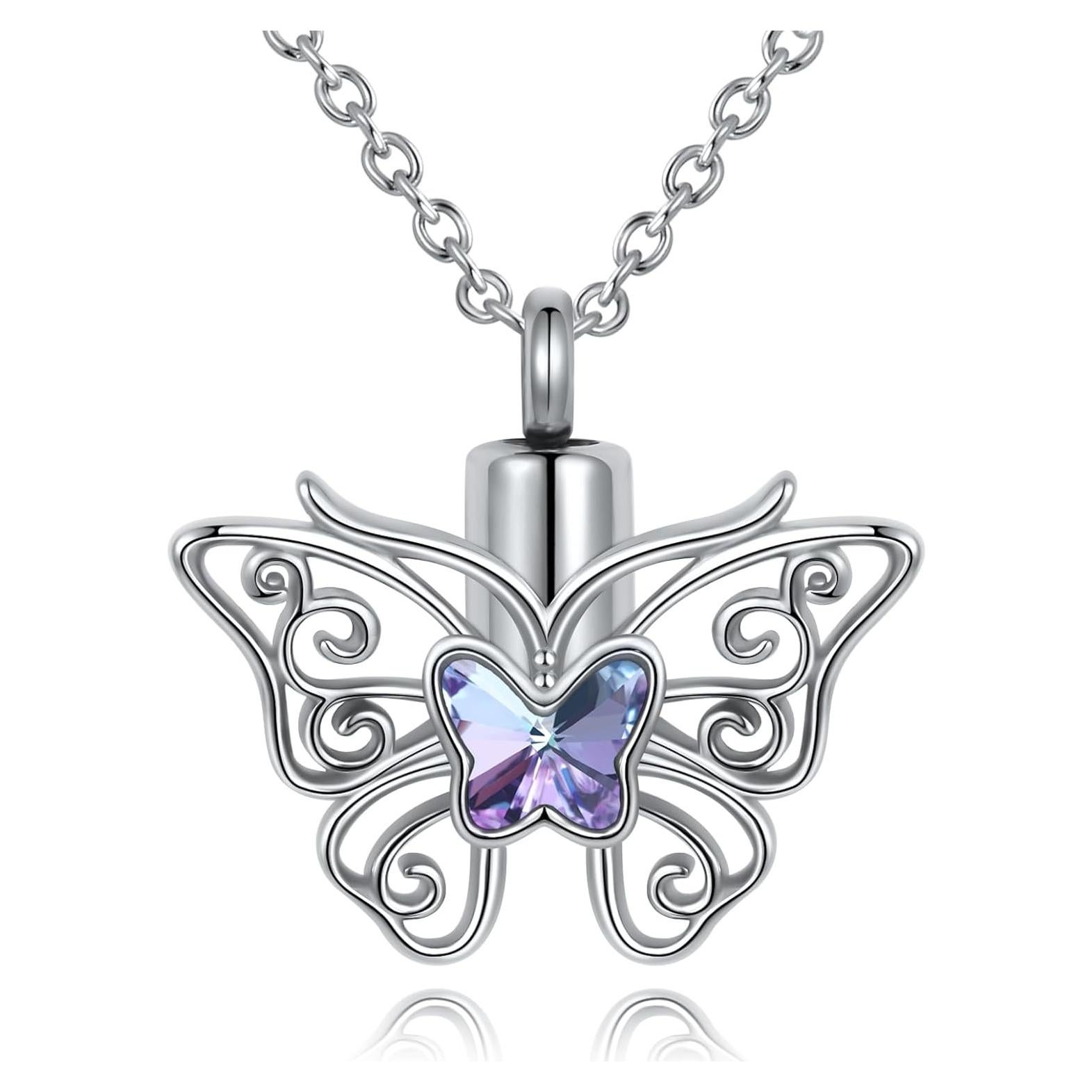 Collar urna de cenizas de mariposa MiWangLing 3.1x2.8cm acero inoxidable