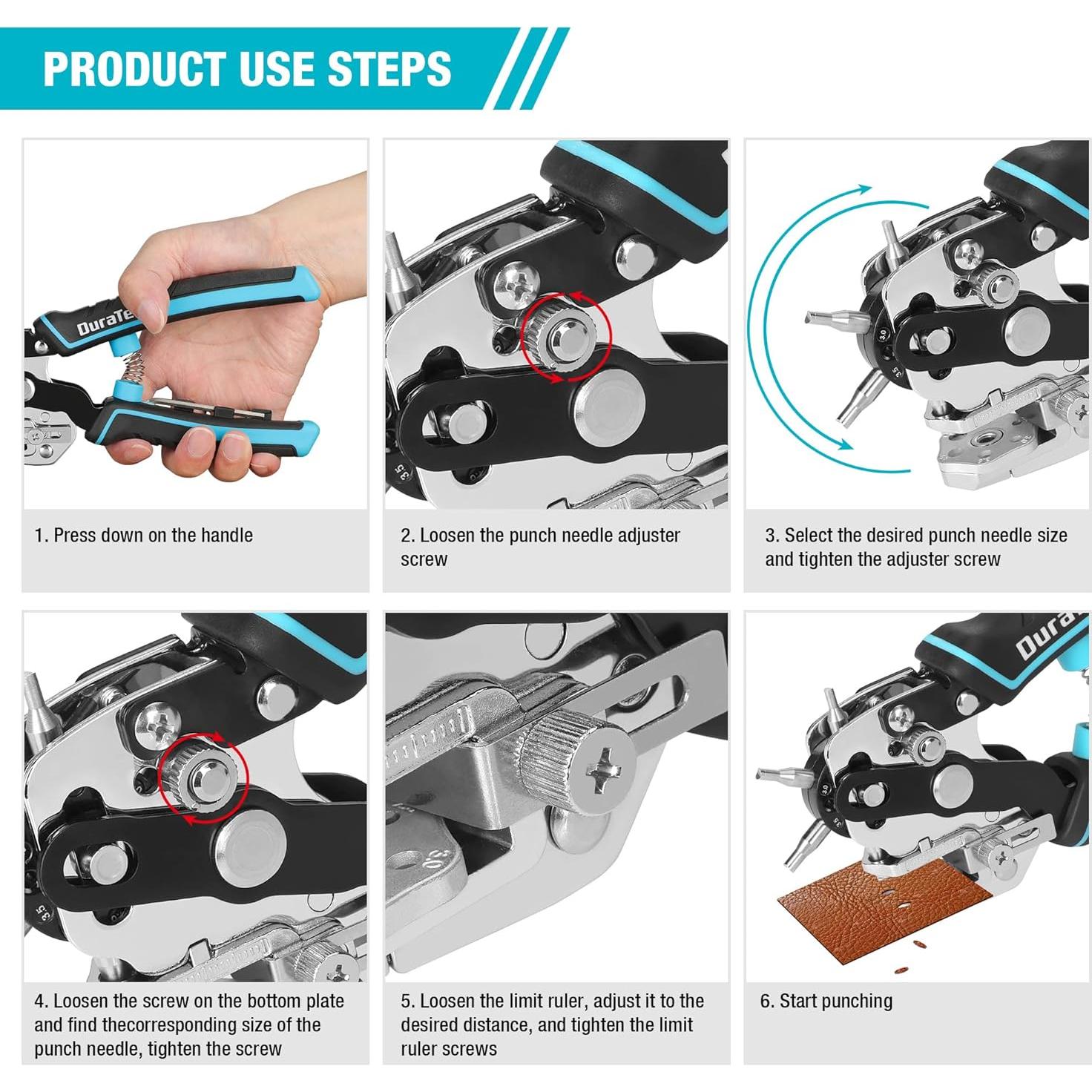 Perforadora de Cuero Duratech con 6 Tamaños de Agujeros
