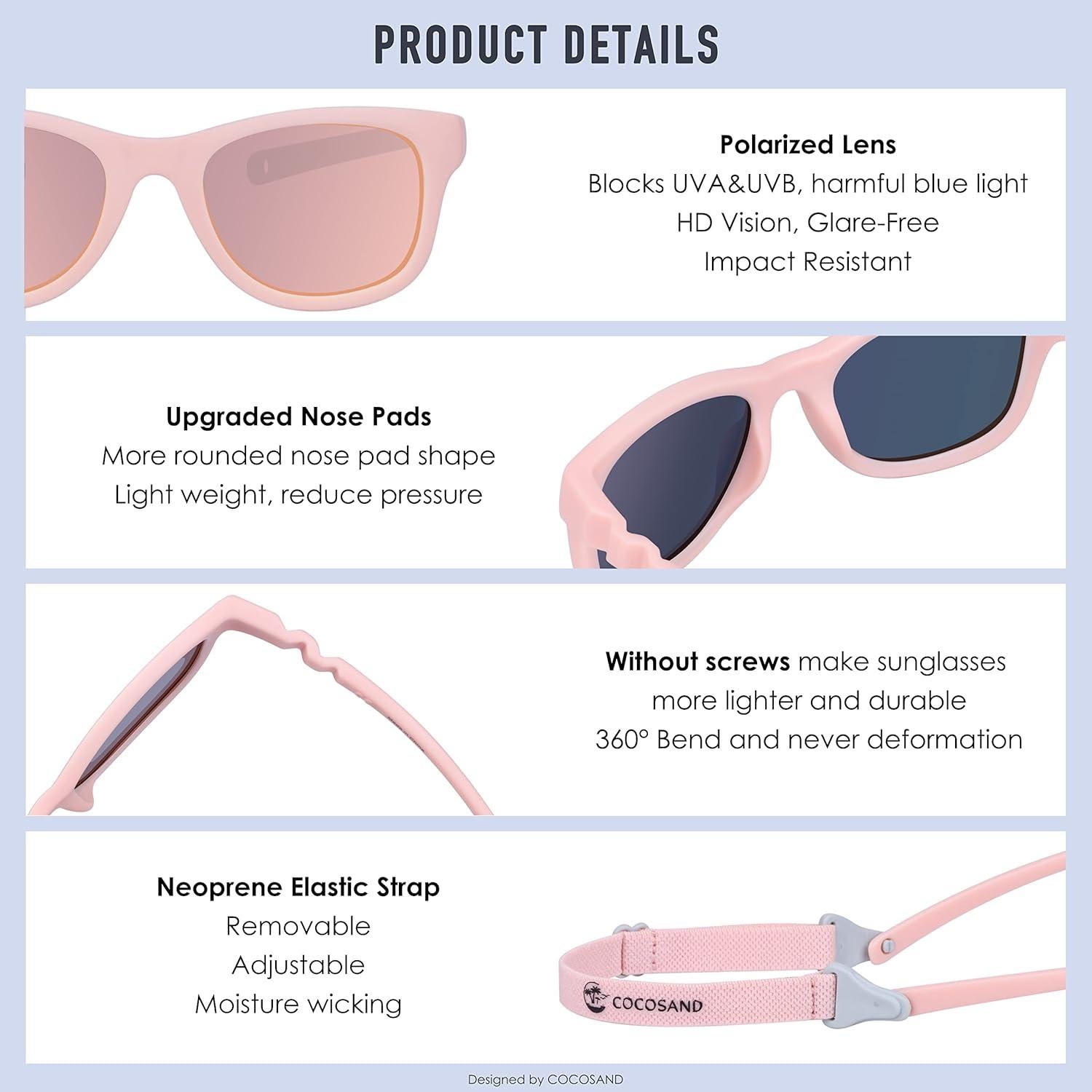 Gafas de sol COCOSAND para bebés 0-12 meses protección UV rosa