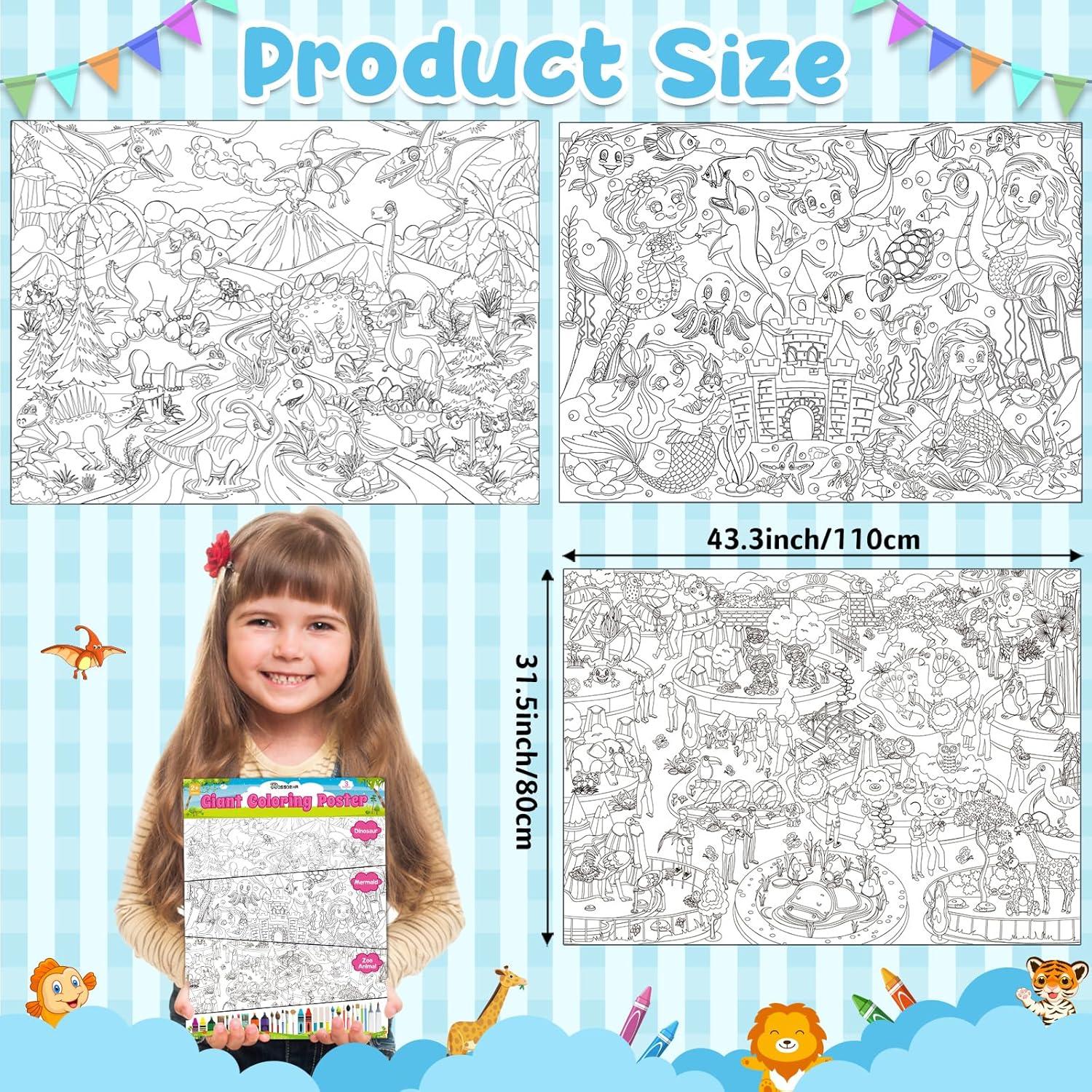 3 Pósters Gigantes para Colorear Rossorha - Dinosaurios, Sirenas y Animales