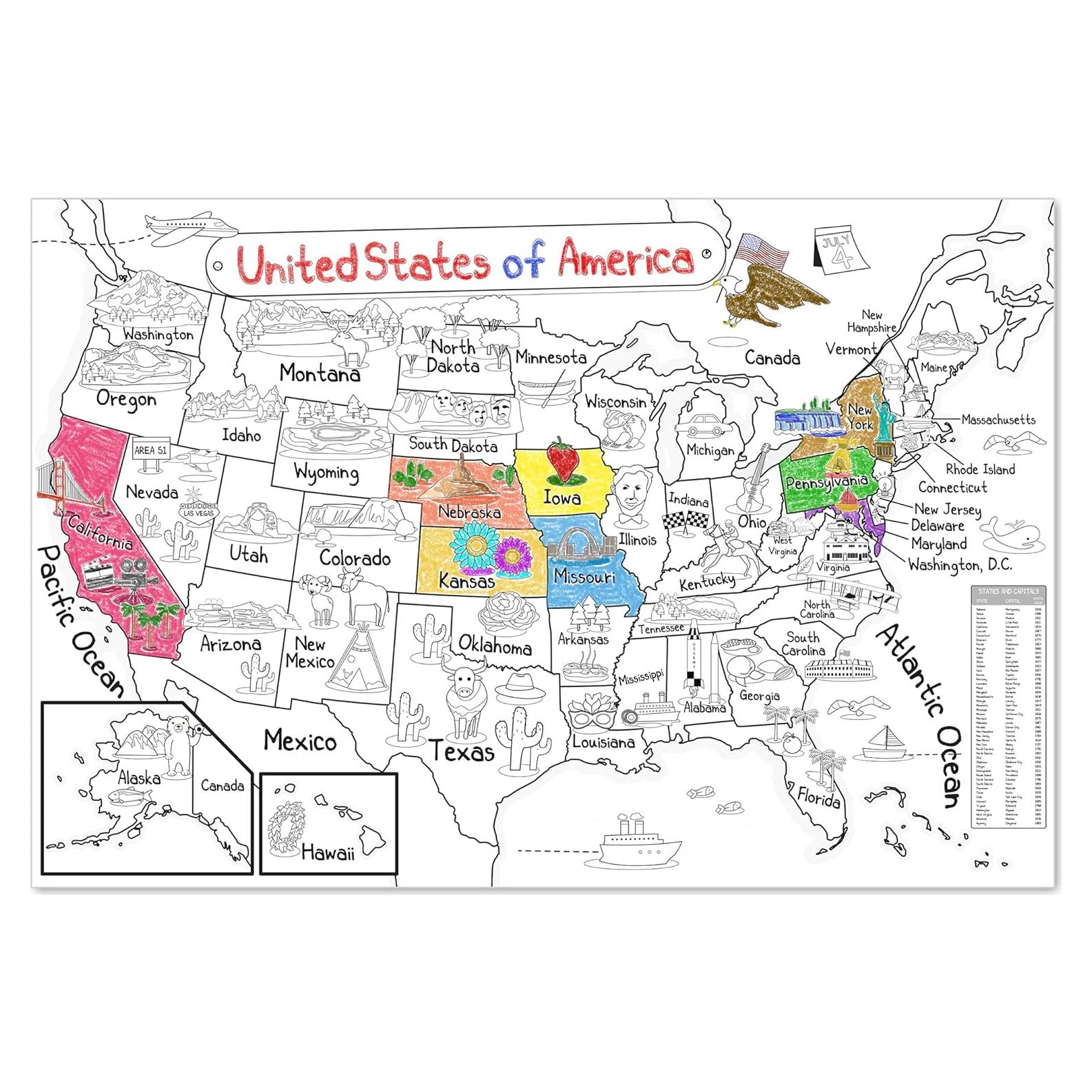Póster Gigante para Colorear Mapa de EE. UU. Dekali 132x89 cm