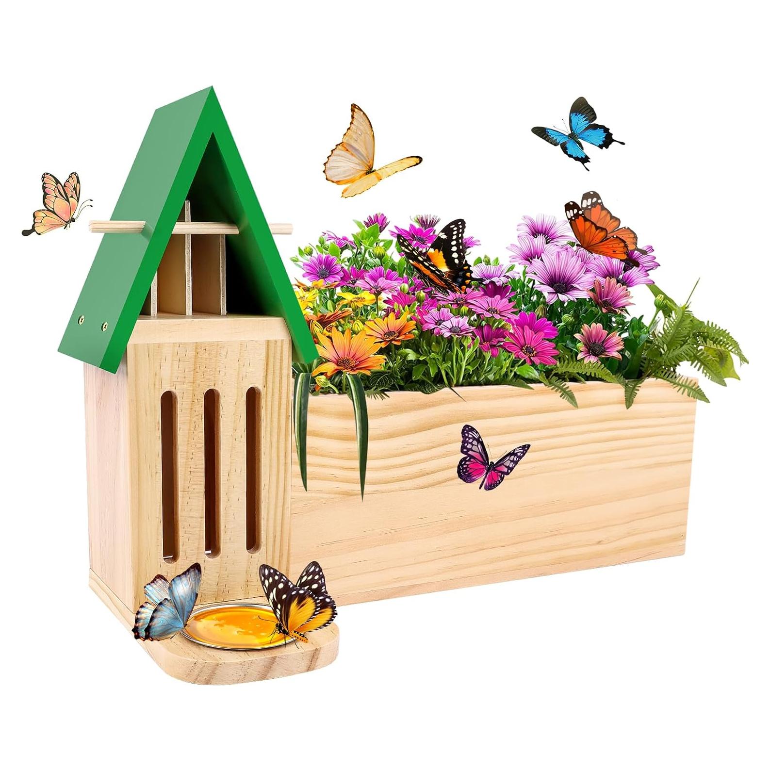 Casa de Mariposas de Madera RGJ con Comedero y Maceta 32cm