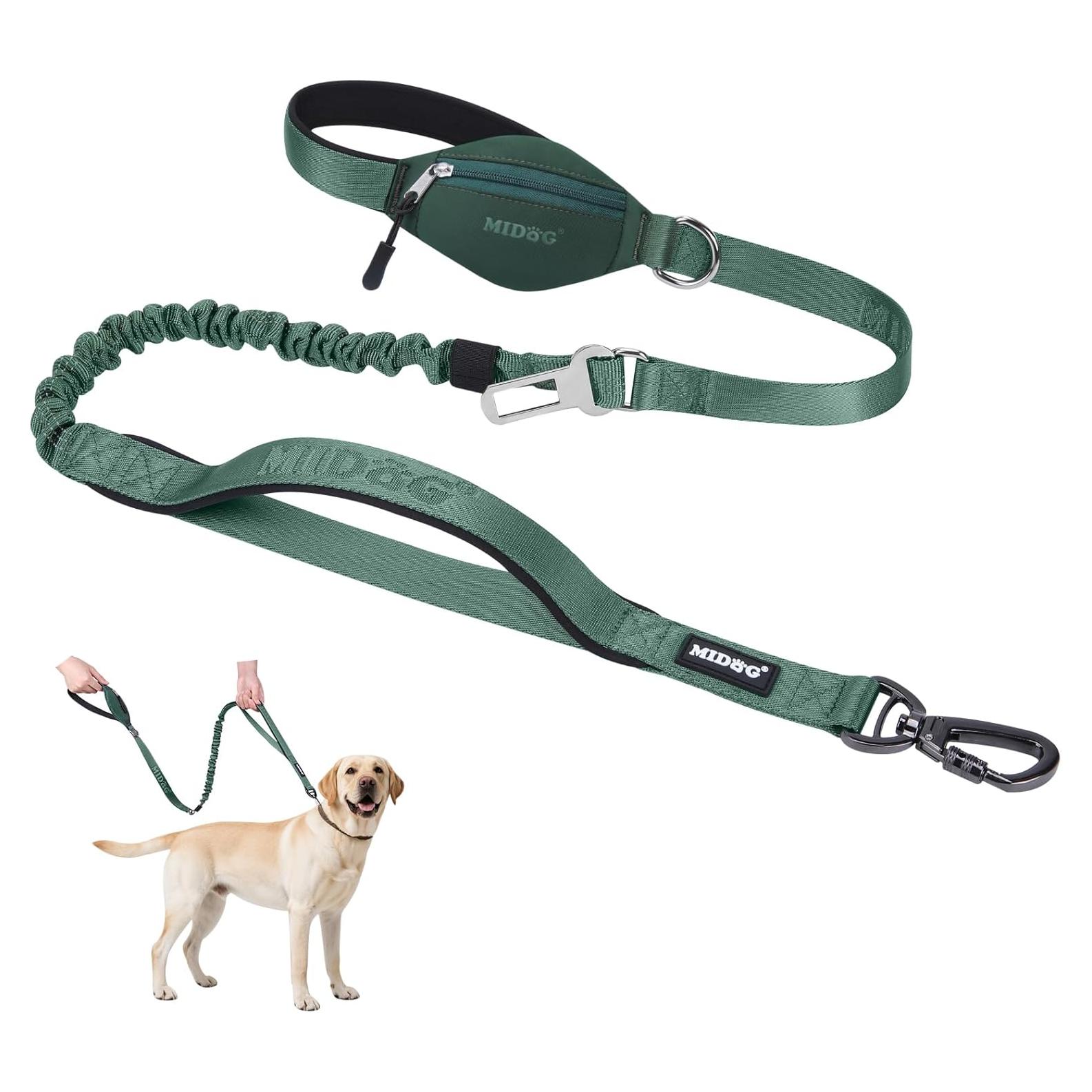 Correa Bungee para Perros MIDOG 1.2m con Bolsillo Verde