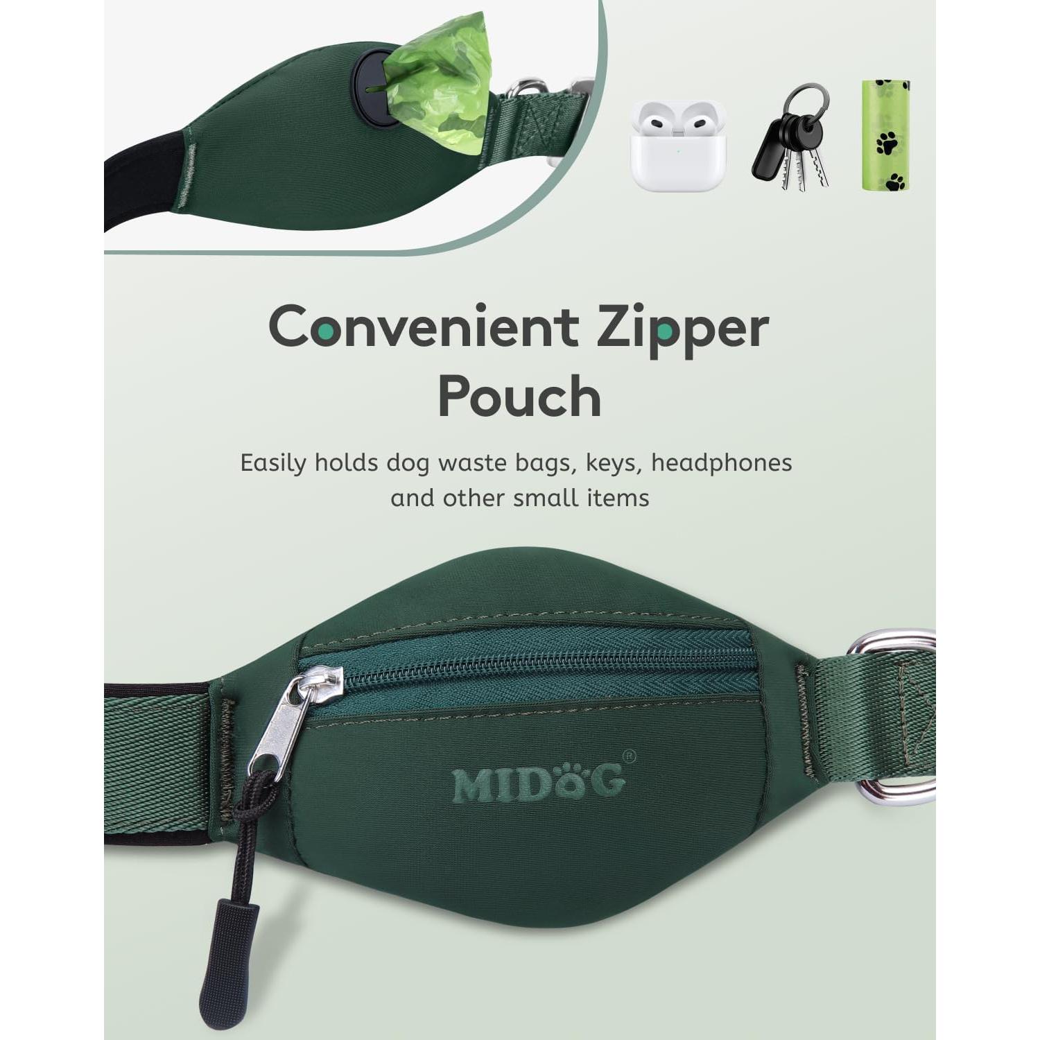 Correa Bungee para Perros MIDOG 1.2m con Bolsillo Verde