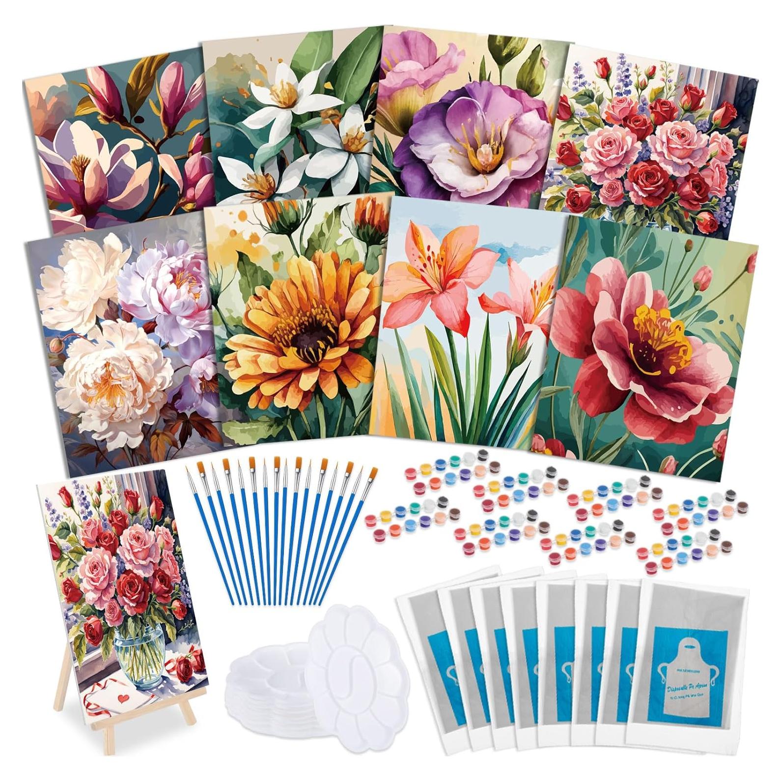 Kit de Pintura Tenceur 72 Piezas Lienzos Pre Dibujados Flores