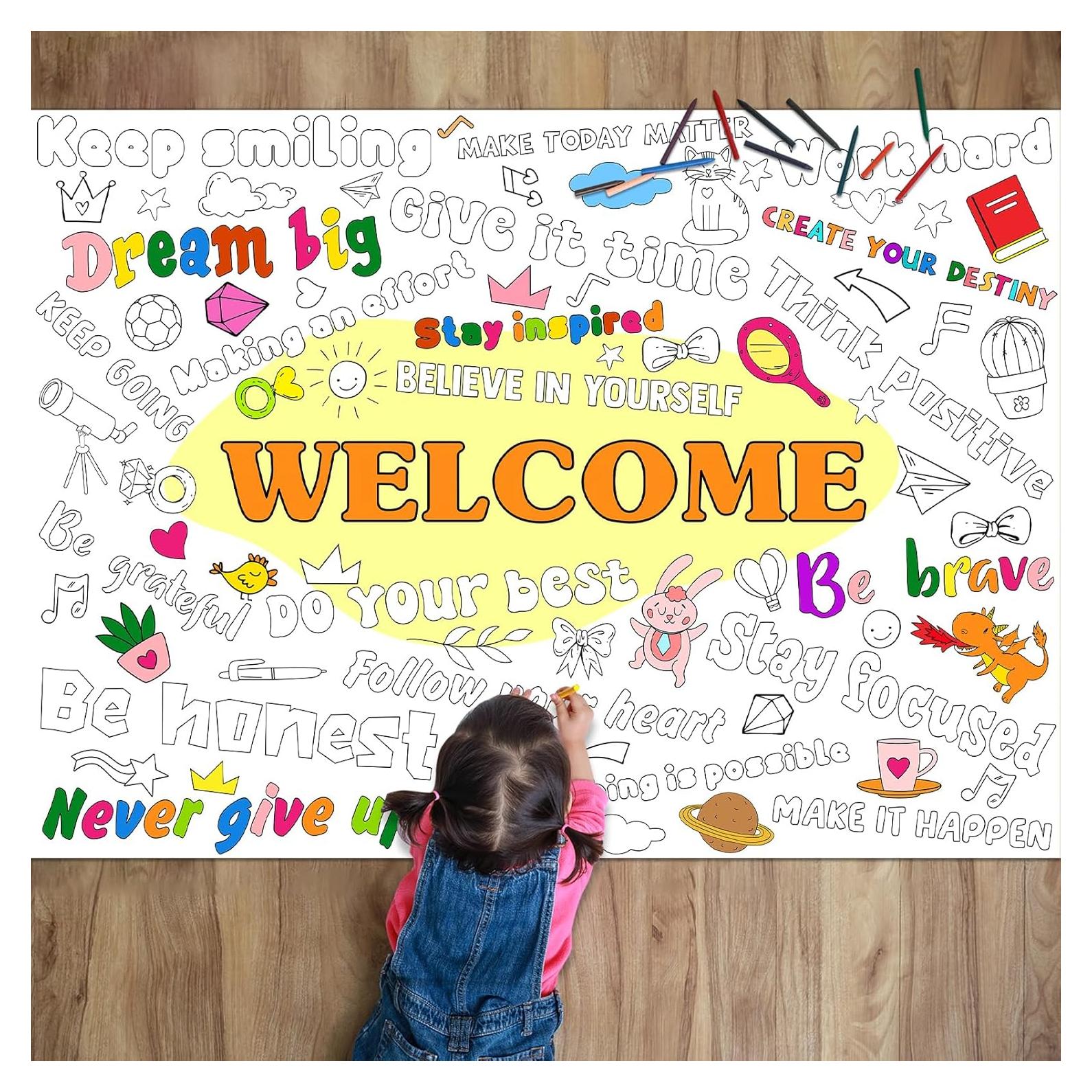 Positive Affirmations Coloring Poster for Kids Giant Welcome Inspirational Coloring Poster Large Big Coloring Tablecloth Sheet Jumbo Coloring Page Book for Classroom Home Birthday Party Supplies Favor
