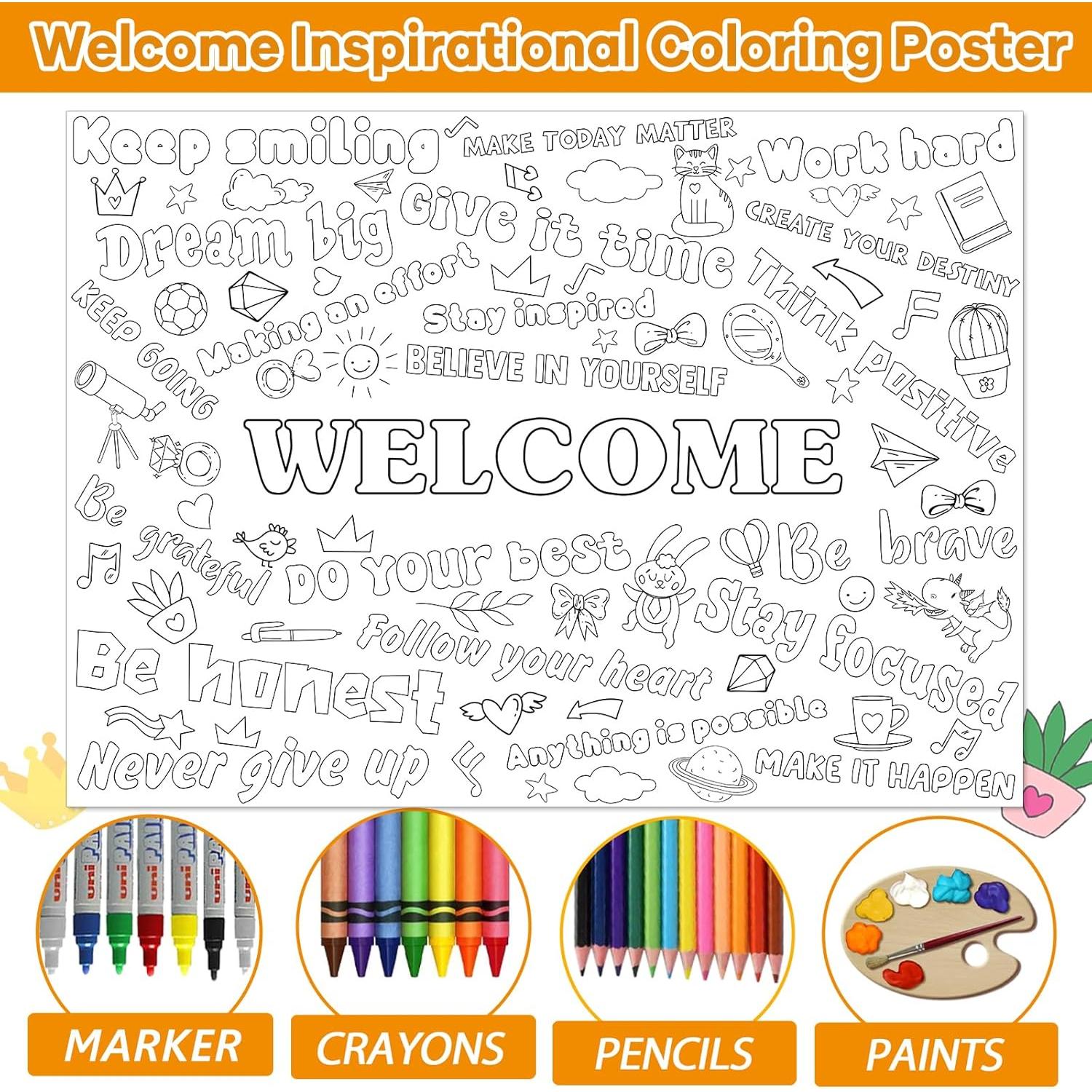 Positive Affirmations Coloring Poster for Kids Giant Welcome Inspirational Coloring Poster Large Big Coloring Tablecloth Sheet Jumbo Coloring Page Book for Classroom Home Birthday Party Supplies Favor