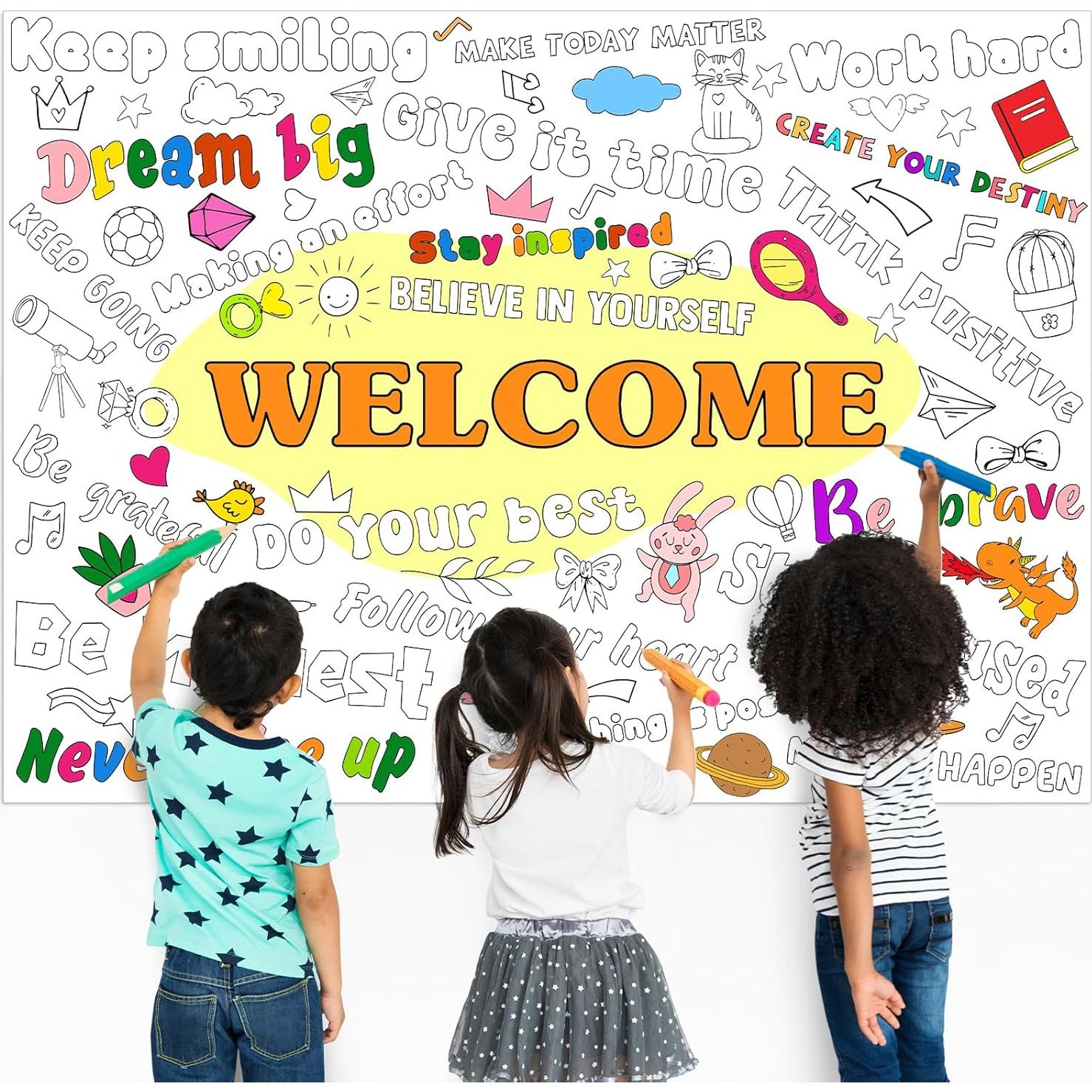 Positive Affirmations Coloring Poster for Kids Giant Welcome Inspirational Coloring Poster Large Big Coloring Tablecloth Sheet Jumbo Coloring Page Book for Classroom Home Birthday Party Supplies Favor