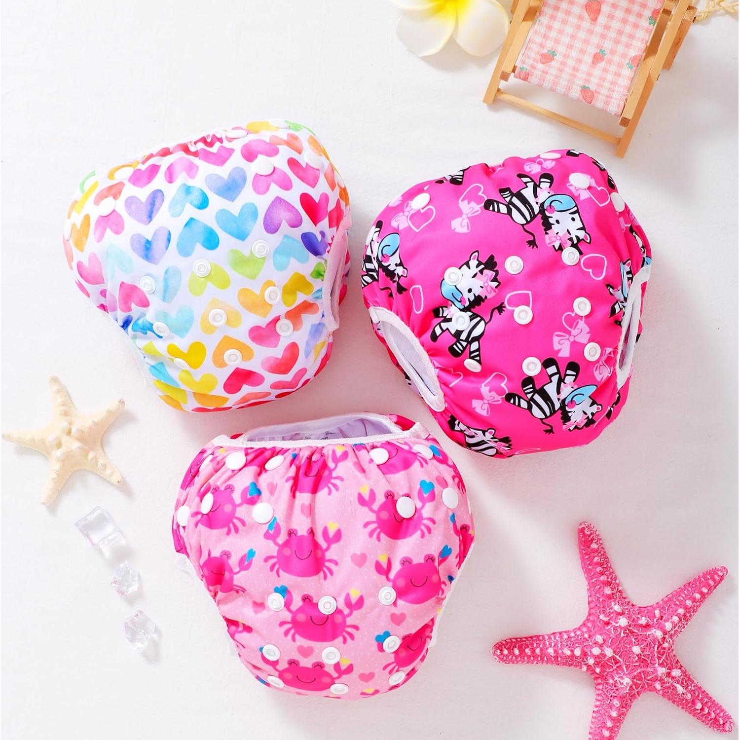 Paquete de 3 Pañales de Natación Reutilizables Bebé - Corazones y Animales