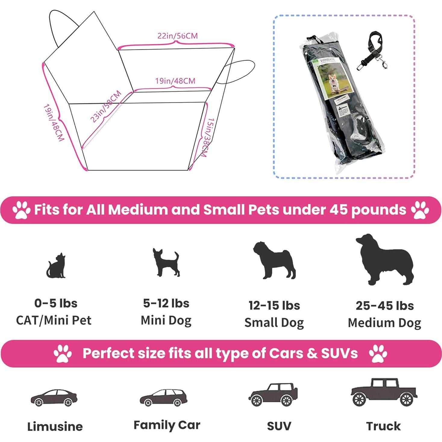 Asiento de coche para perros Winbate negro 58x48 cm a prueba de agua