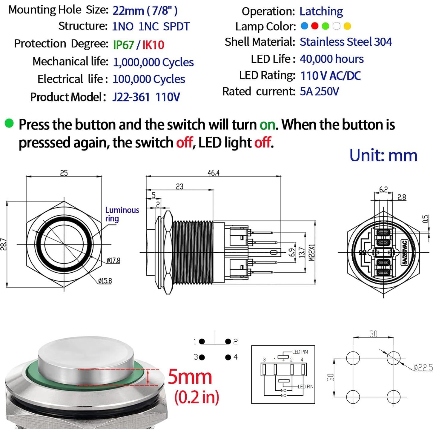 Interruptor Pulsador 22mm ZJWZJH IP67 Acero Inoxidable LED Amarillo