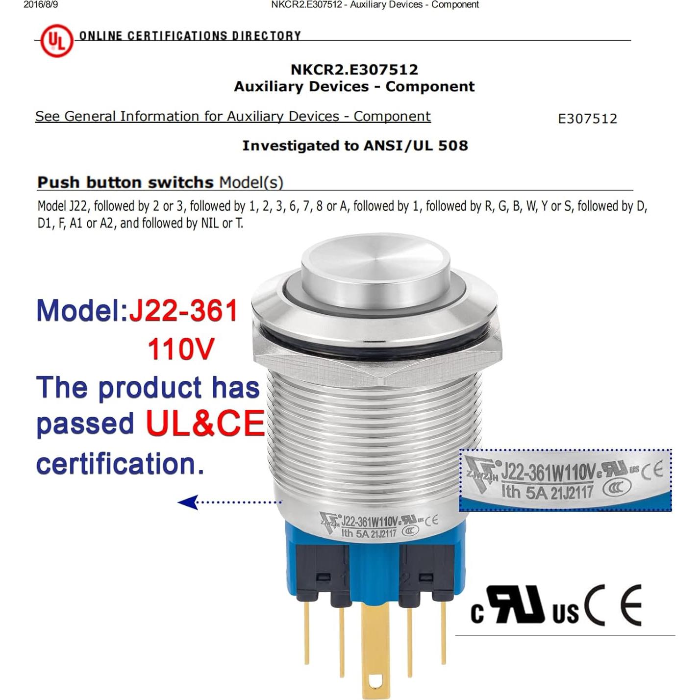 Interruptor Pulsador 22mm ZJWZJH IP67 Acero Inoxidable LED Amarillo