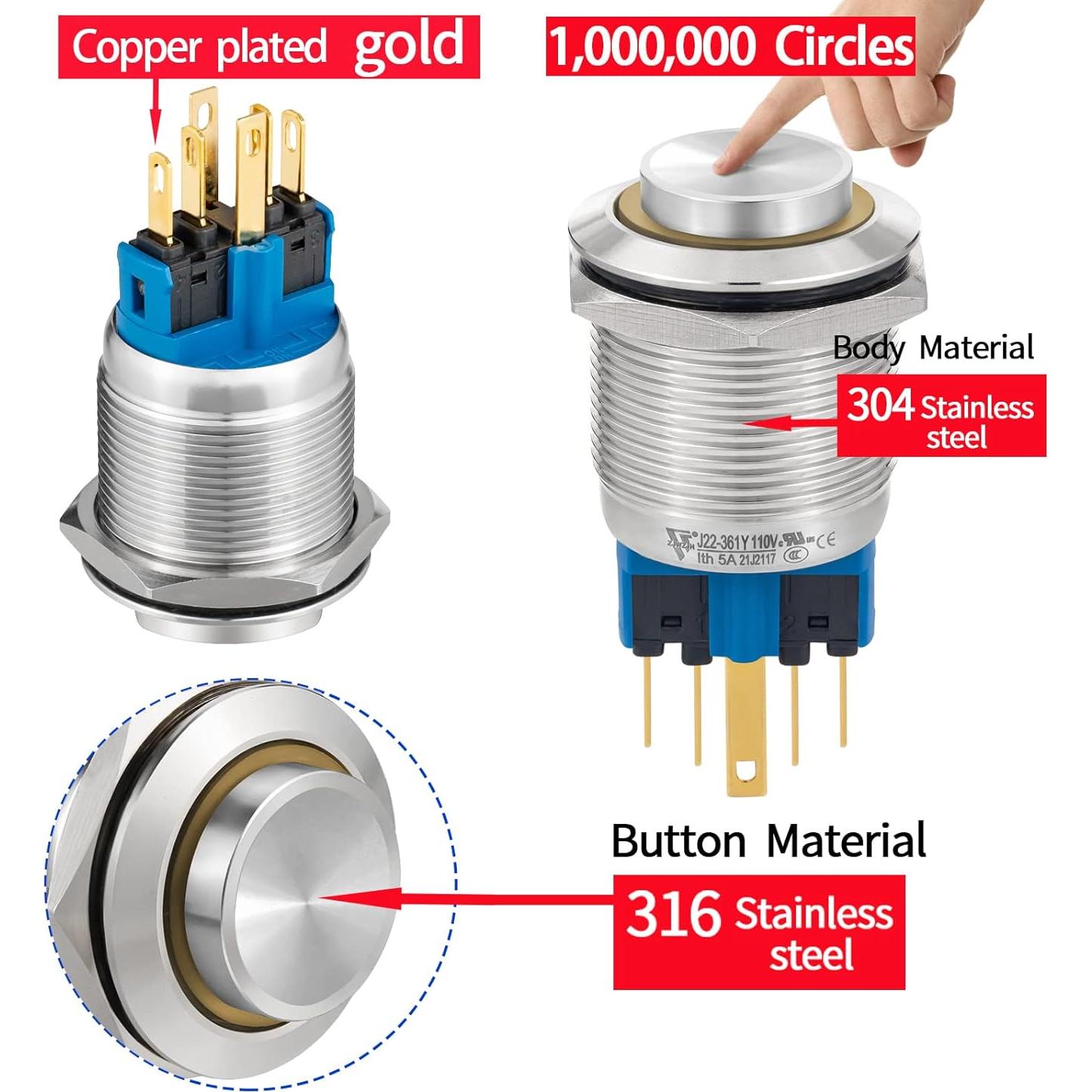 Interruptor Pulsador 22mm ZJWZJH IP67 Acero Inoxidable LED Amarillo