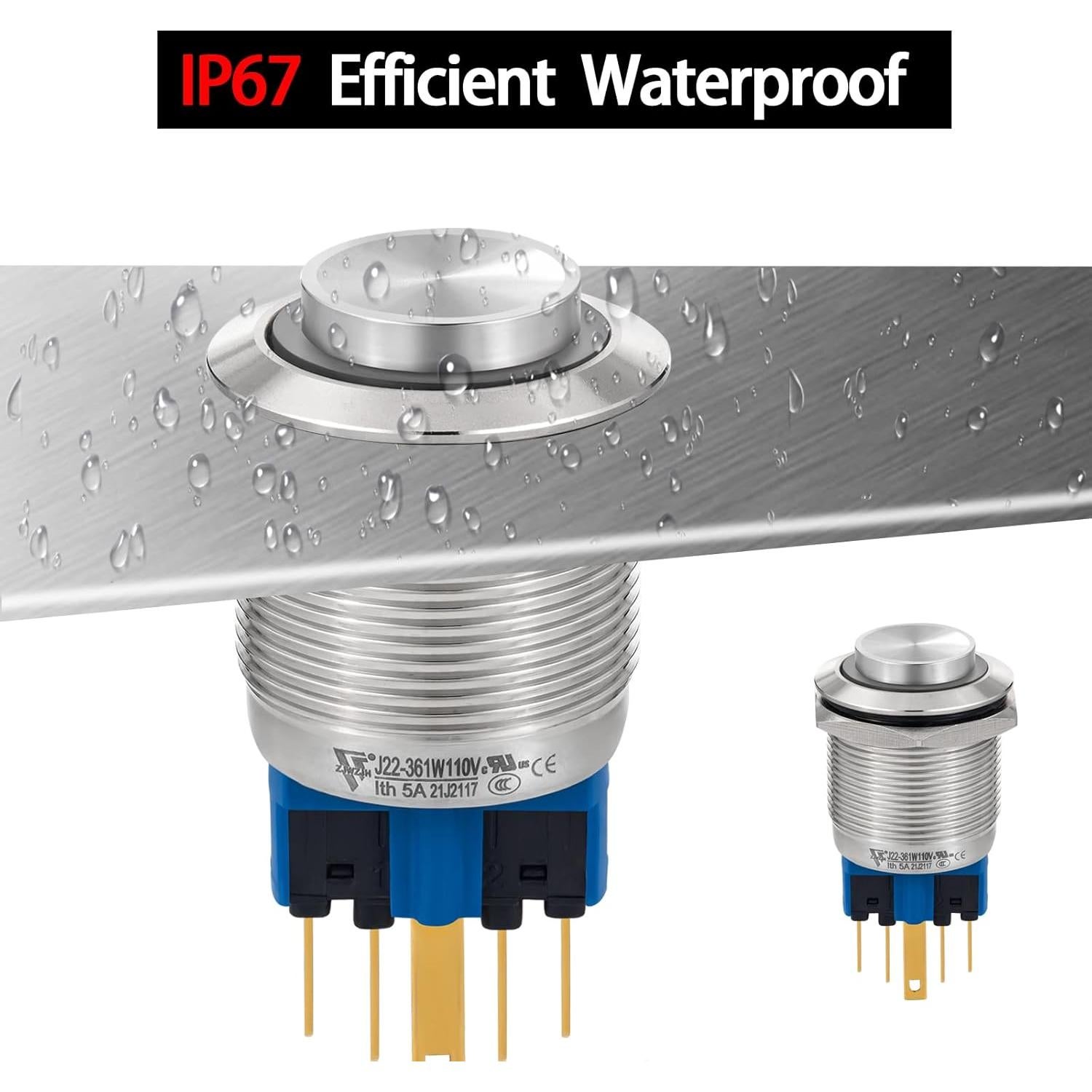 Interruptor Pulsador 22mm ZJWZJH IP67 Acero Inoxidable LED Amarillo