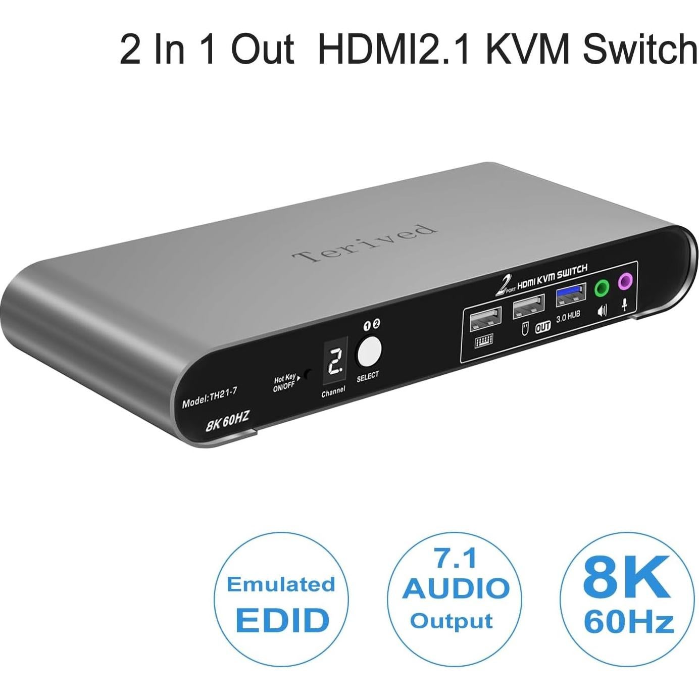 Interruptor KVM Automático 2 PCs 1 Monitor HDMI 8K 60Hz Terived