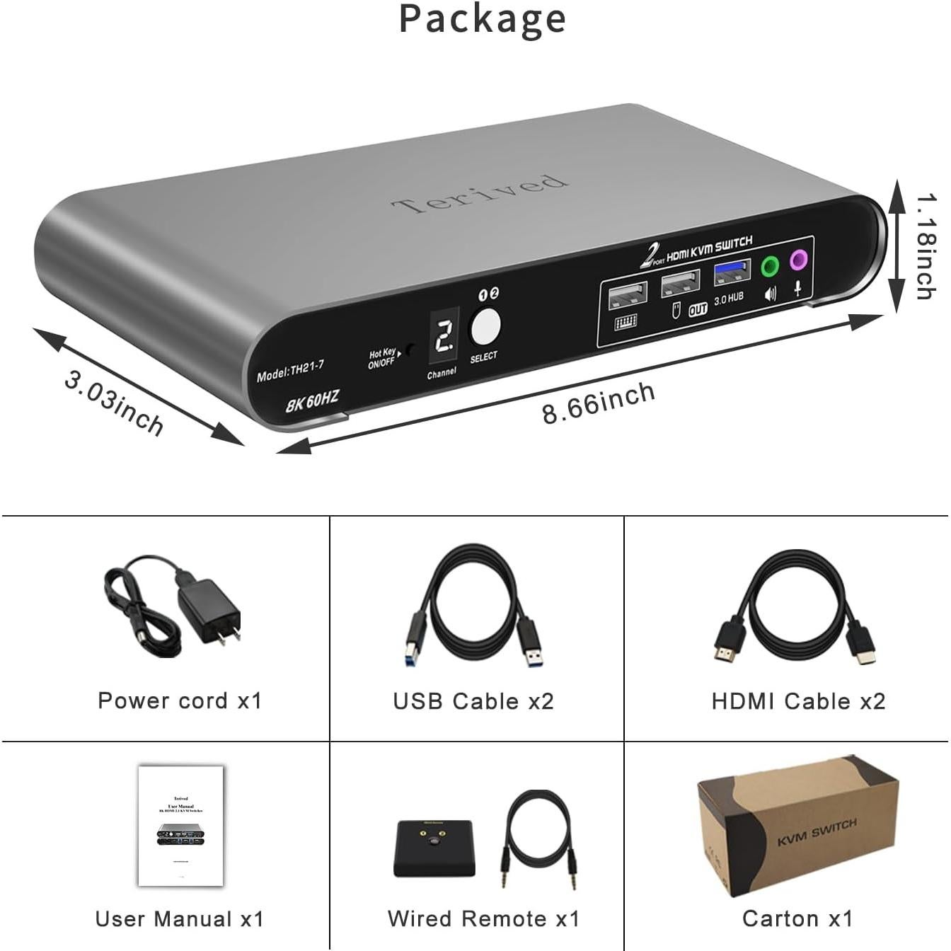 Interruptor KVM Automático 2 PCs 1 Monitor HDMI 8K 60Hz Terived