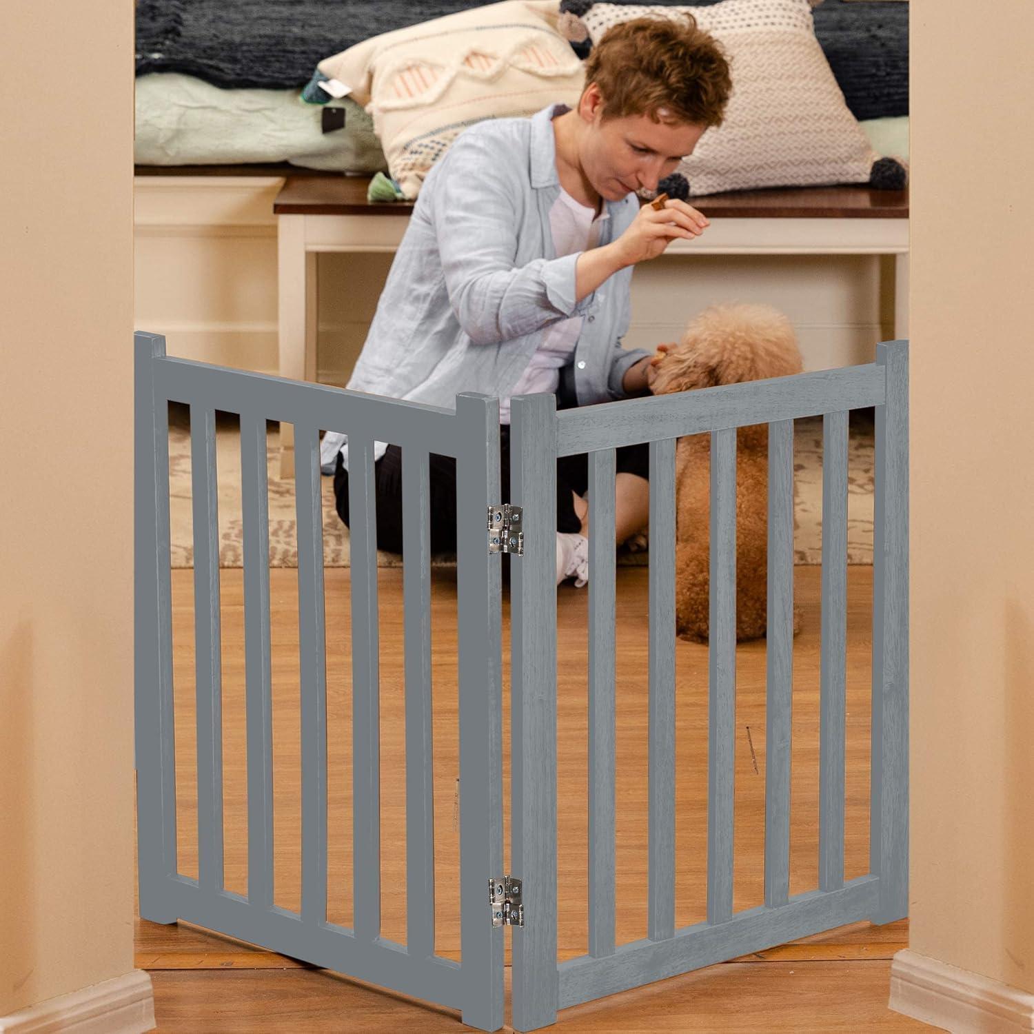 Puerta para Perros LZRS de Madera Sólida 61 cm Plegable Gris