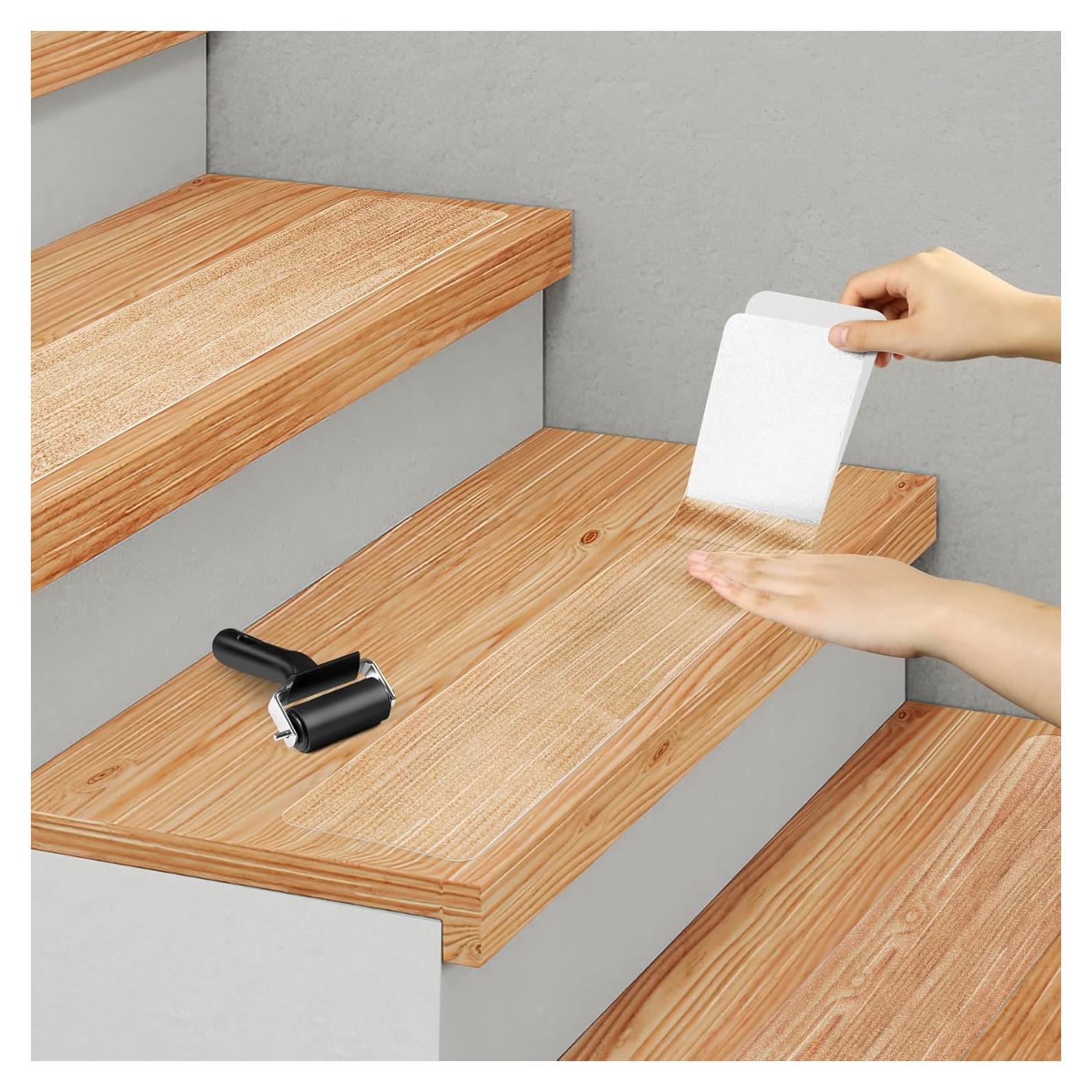 Clear Non Slip Stair Treads for Wooden Steps Indoor 15 Pack 4" x 32" Pre-Cut Anti Slip Stair Strips for Wood Stairs, Grip Tape Transparent Step Tread Grips for Dogs Kids and Pets, Waterproof
