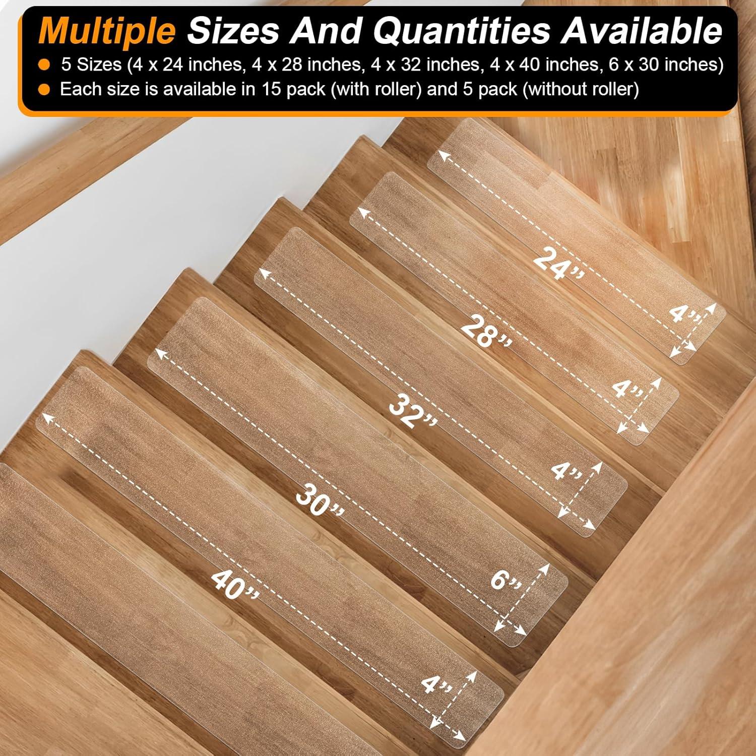 Clear Non Slip Stair Treads for Wooden Steps Indoor 15 Pack 4" x 32" Pre-Cut Anti Slip Stair Strips for Wood Stairs, Grip Tape Transparent Step Tread Grips for Dogs Kids and Pets, Waterproof