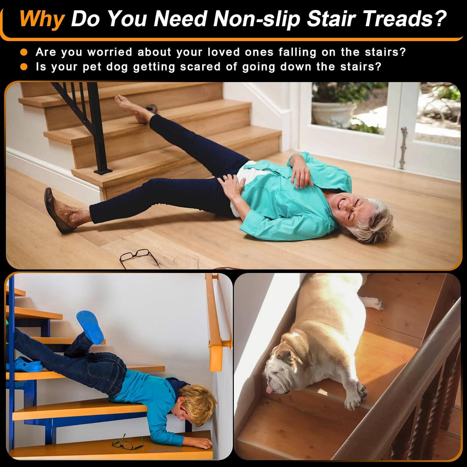 Clear Non Slip Stair Treads for Wooden Steps Indoor 15 Pack 4" x 32" Pre-Cut Anti Slip Stair Strips for Wood Stairs, Grip Tape Transparent Step Tread Grips for Dogs Kids and Pets, Waterproof