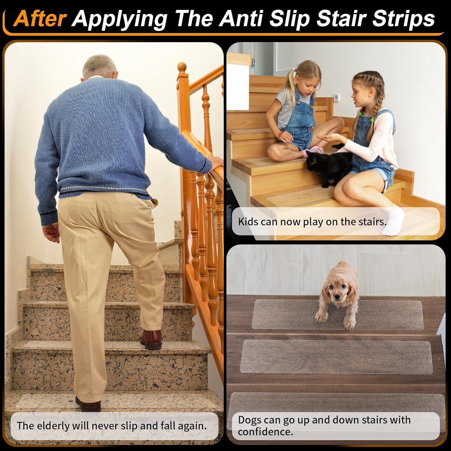 Clear Non Slip Stair Treads for Wooden Steps Indoor 15 Pack 4" x 32" Pre-Cut Anti Slip Stair Strips for Wood Stairs, Grip Tape Transparent Step Tread Grips for Dogs Kids and Pets, Waterproof