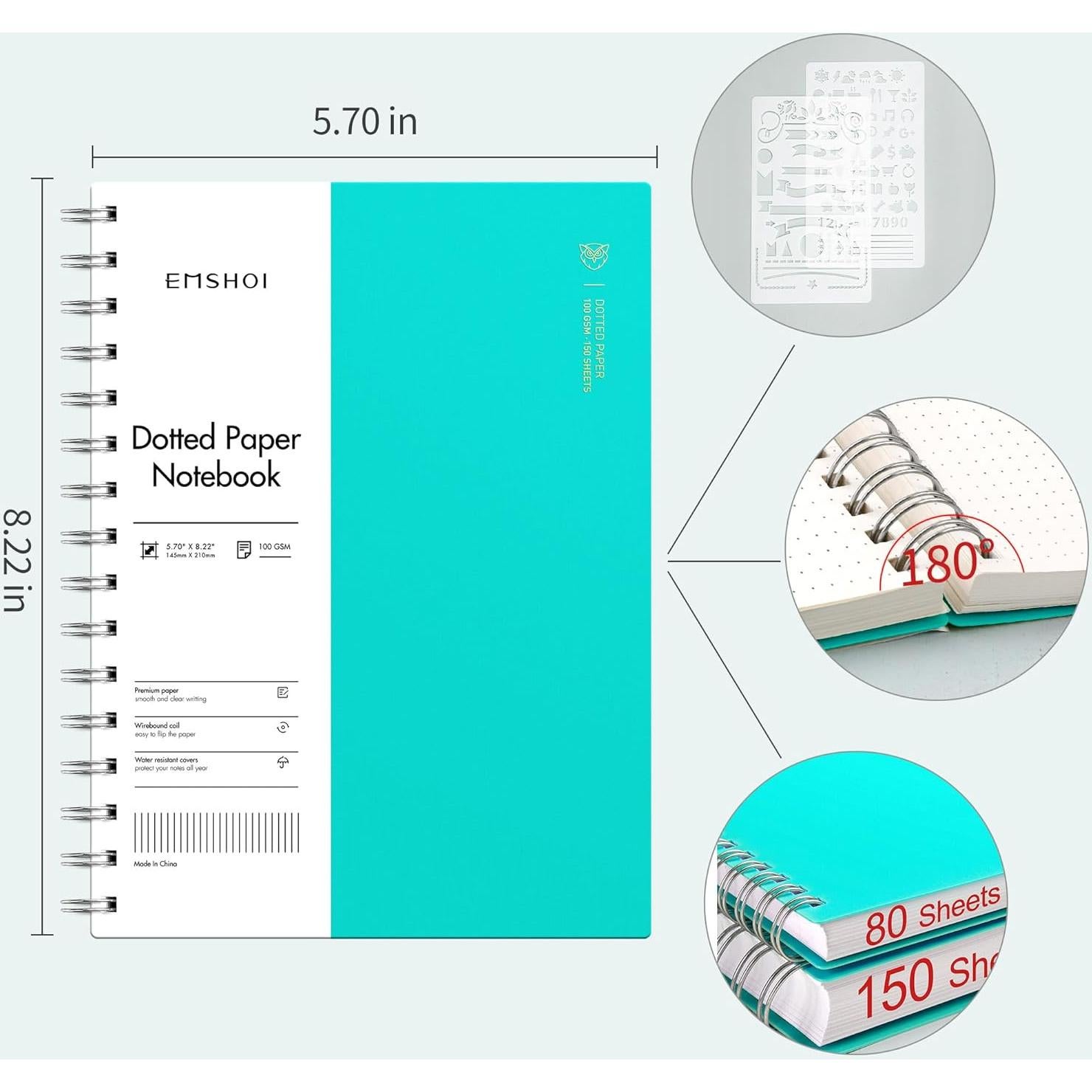 Cuaderno Espiral A5 EMSHOI Punteado 300 Páginas Azul Claro