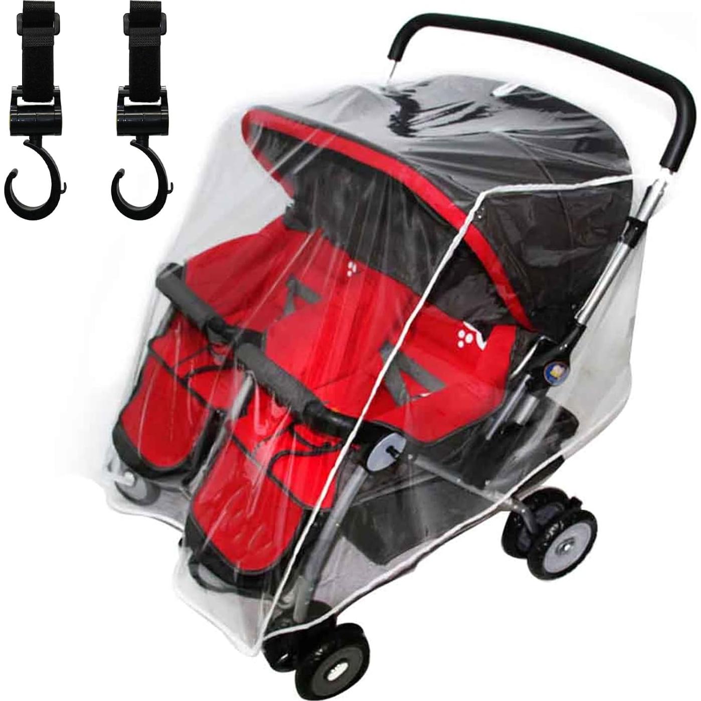 Cubierta de Lluvia para Cochecito Doble Transparente + 2 Ganchos