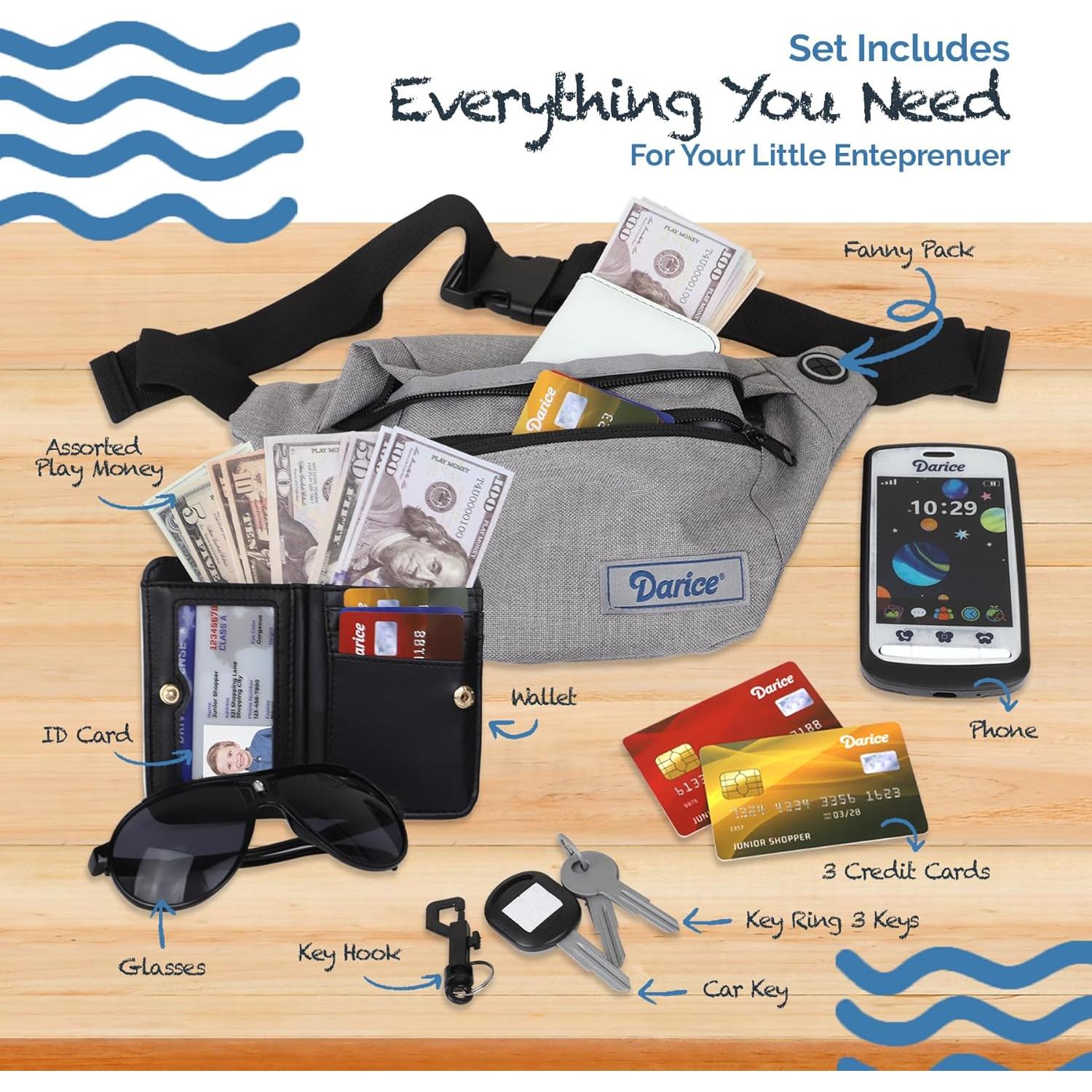 Conjunto de Juego de Imaginación Darice para Niños - Cartera de Cintura con Dinero, Teléfono y Accesorios