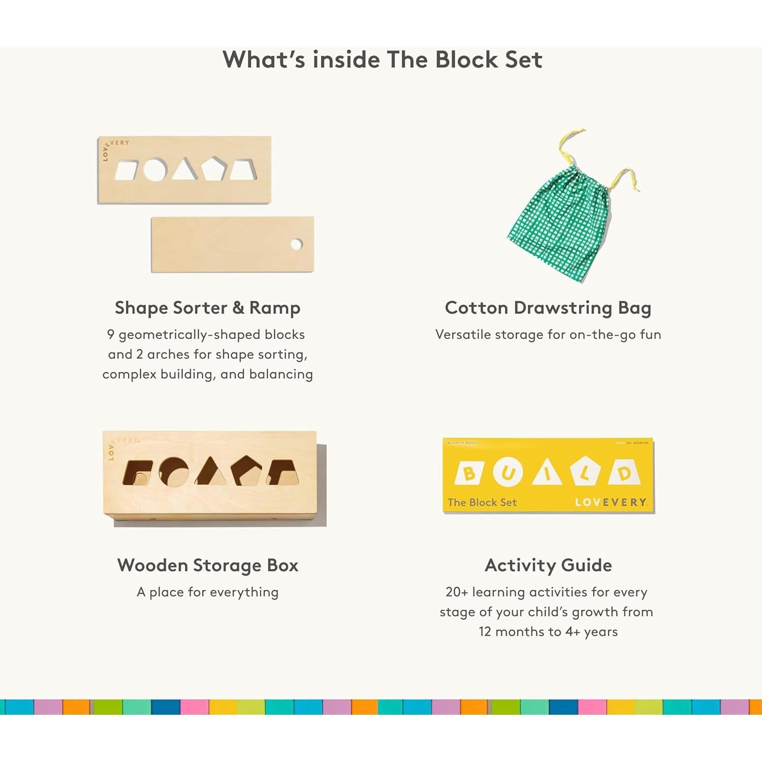 Conjunto de Bloques Lovevery de Madera Sólida - 70 Piezas, 18 Colores, 20+ Actividades, 18 meses a 5 años