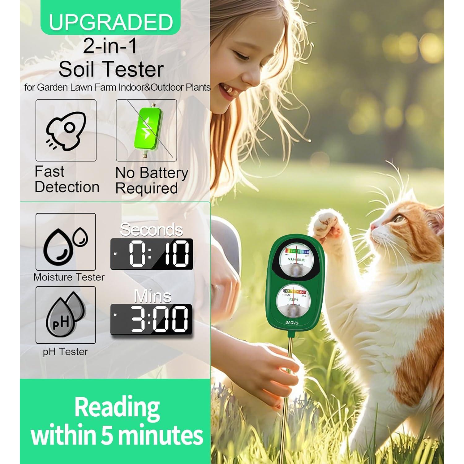 Medidor de Humedad y pH del Suelo DAQVQ 2-en-1 Sin Batería