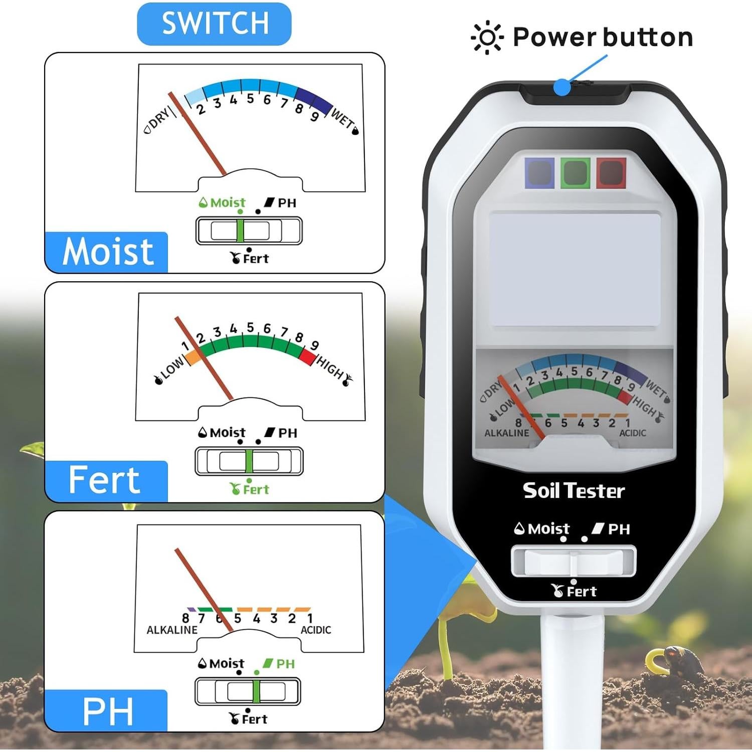 Medidor de Humedad y pH del Suelo 7-en-1 RYJNM con Pantalla LCD