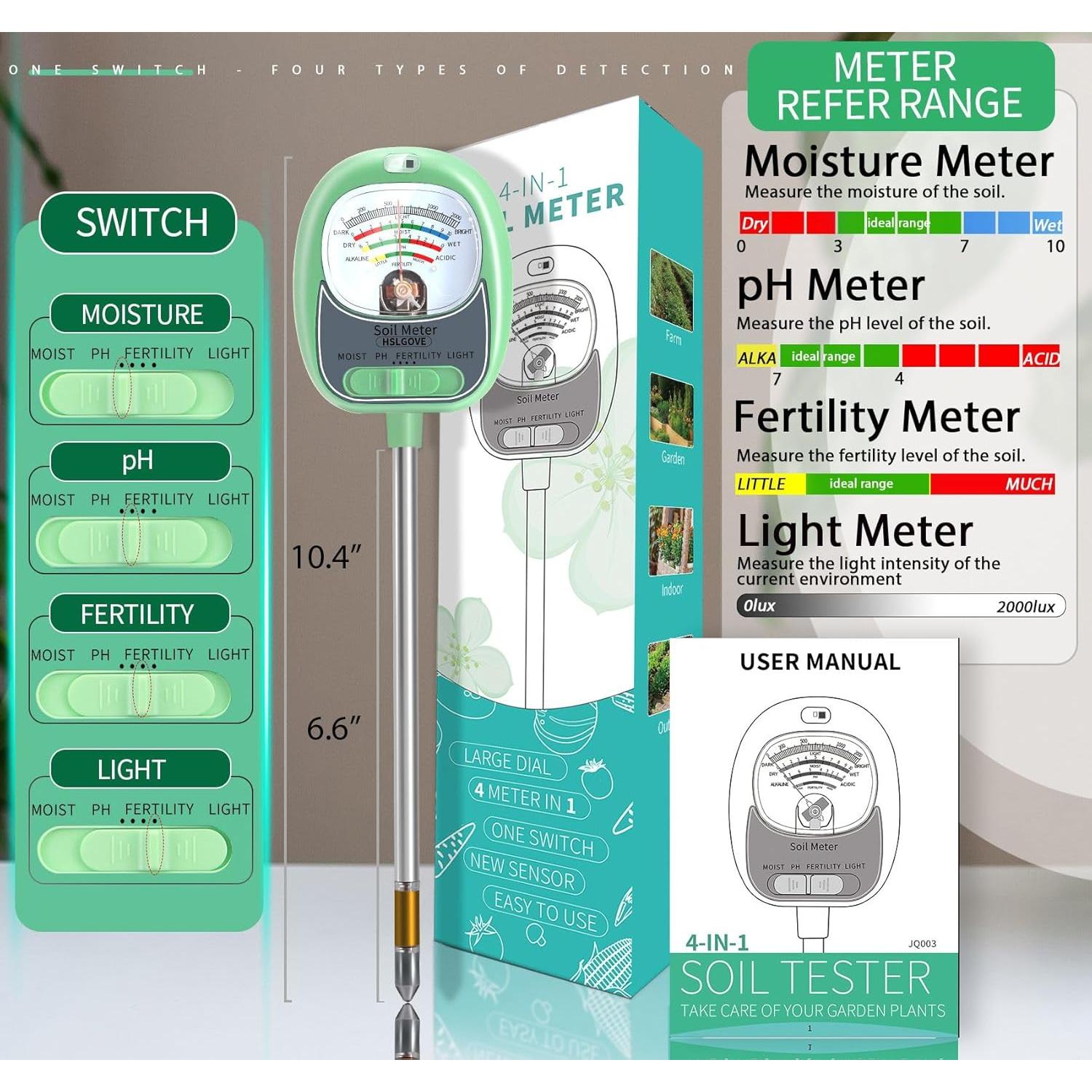 Kit de Prueba de Suelo 4-en-1 HSLGOVE - Medidor de pH, Humedad y Luz