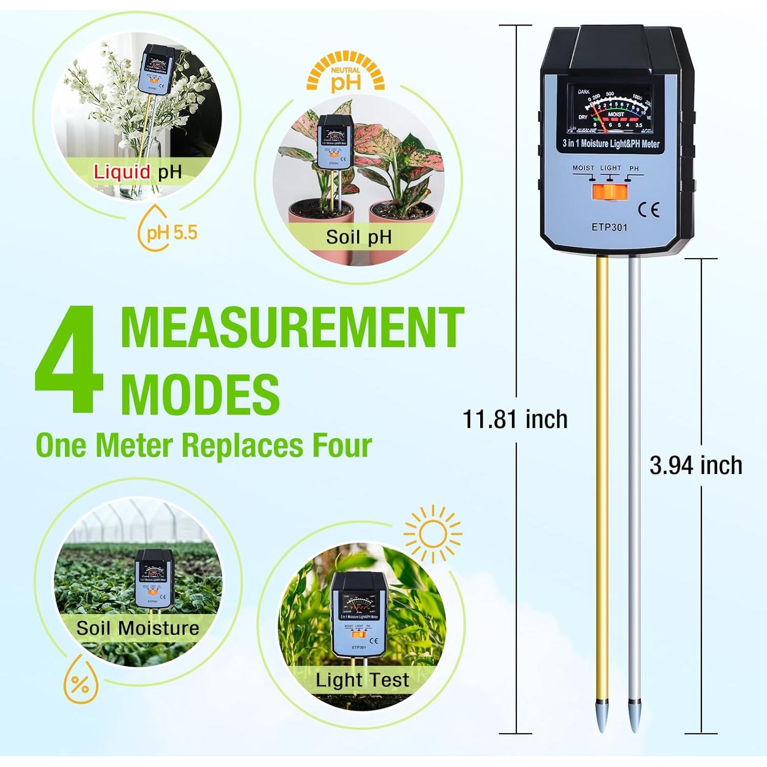 Medidor de Humedad del Suelo 4 en 1 ALLOSUN - pH, Luz, Agua