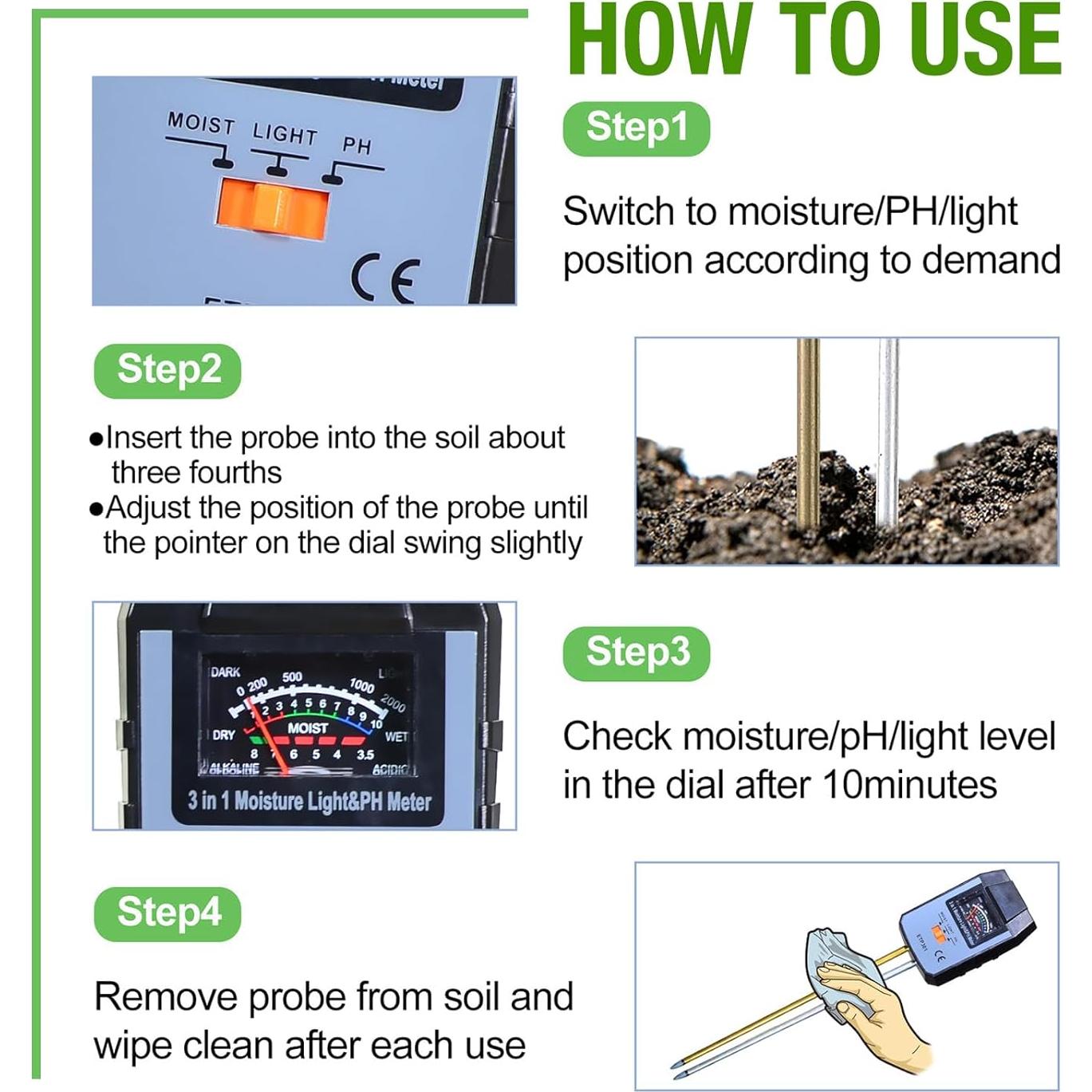 Medidor de Humedad del Suelo 4 en 1 ALLOSUN - pH, Luz, Agua