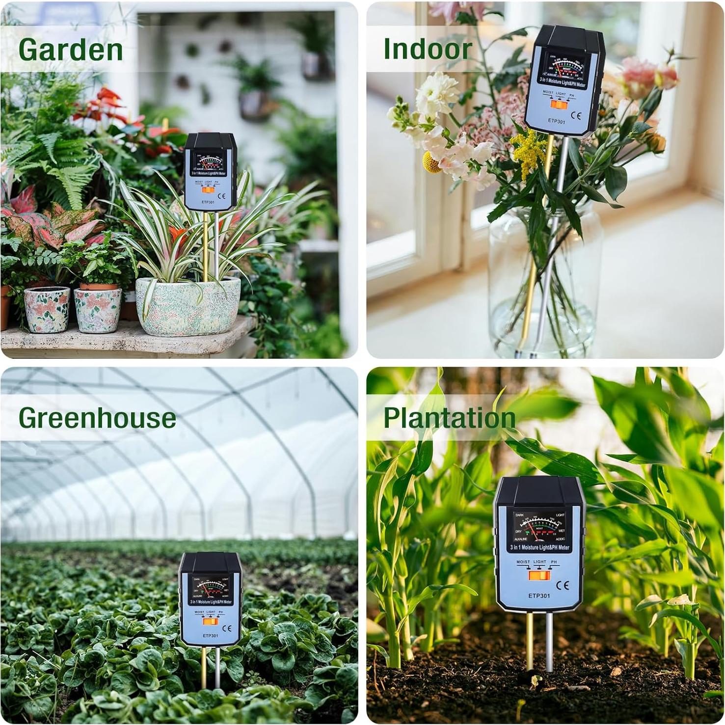 Medidor de Humedad del Suelo 4 en 1 ALLOSUN - pH, Luz, Agua